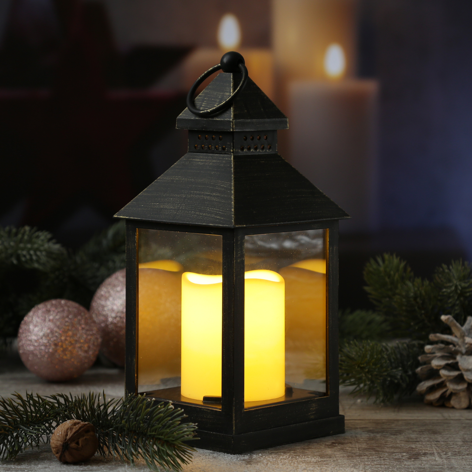 LED Laterne mit Kerze - warmweiss flackernde LED - H- 23cm - Batteriebetrieb - schwarz