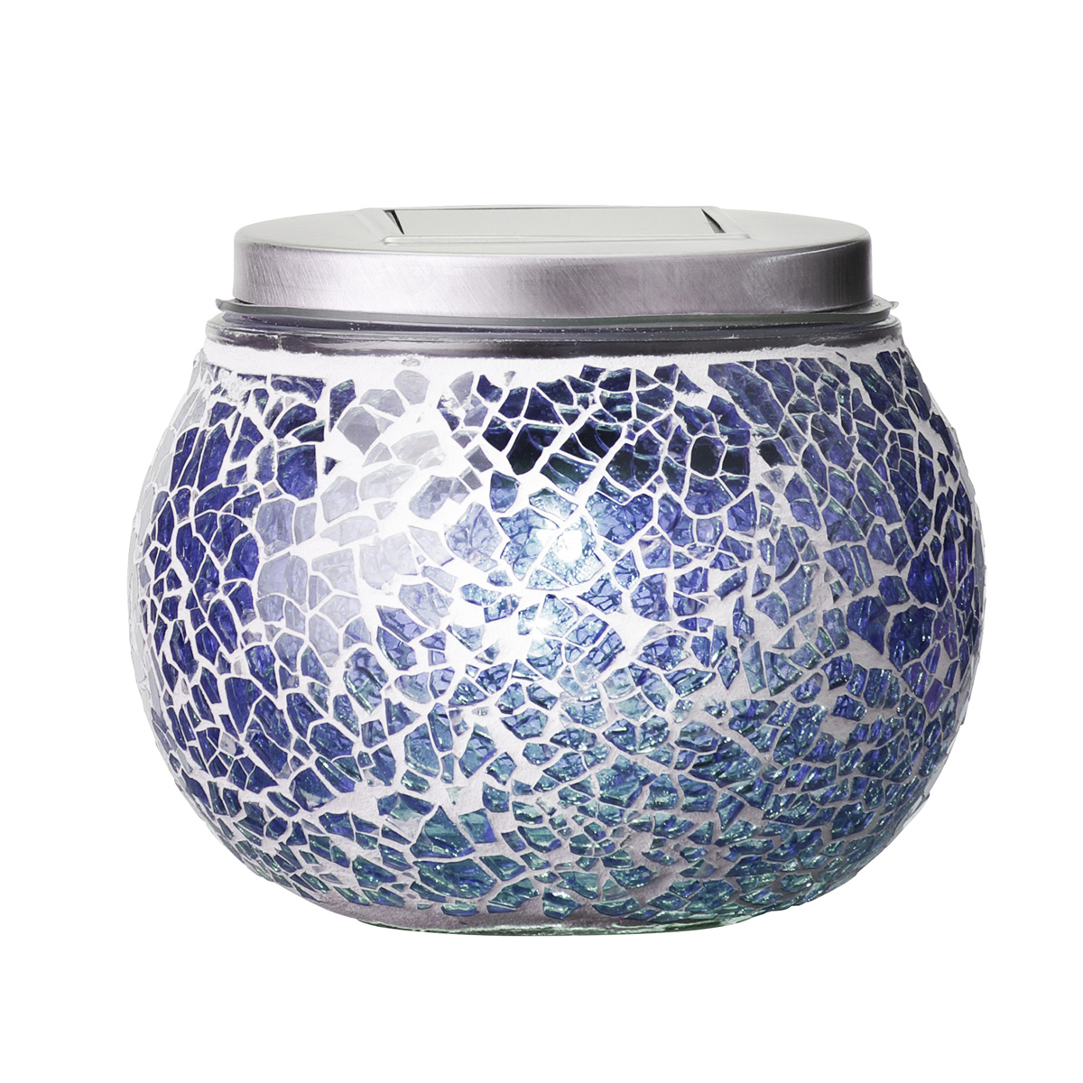 LED Solar Windlicht - Mosaik Glas - Lichtsensor - H: 10cm - Outdoor - blau