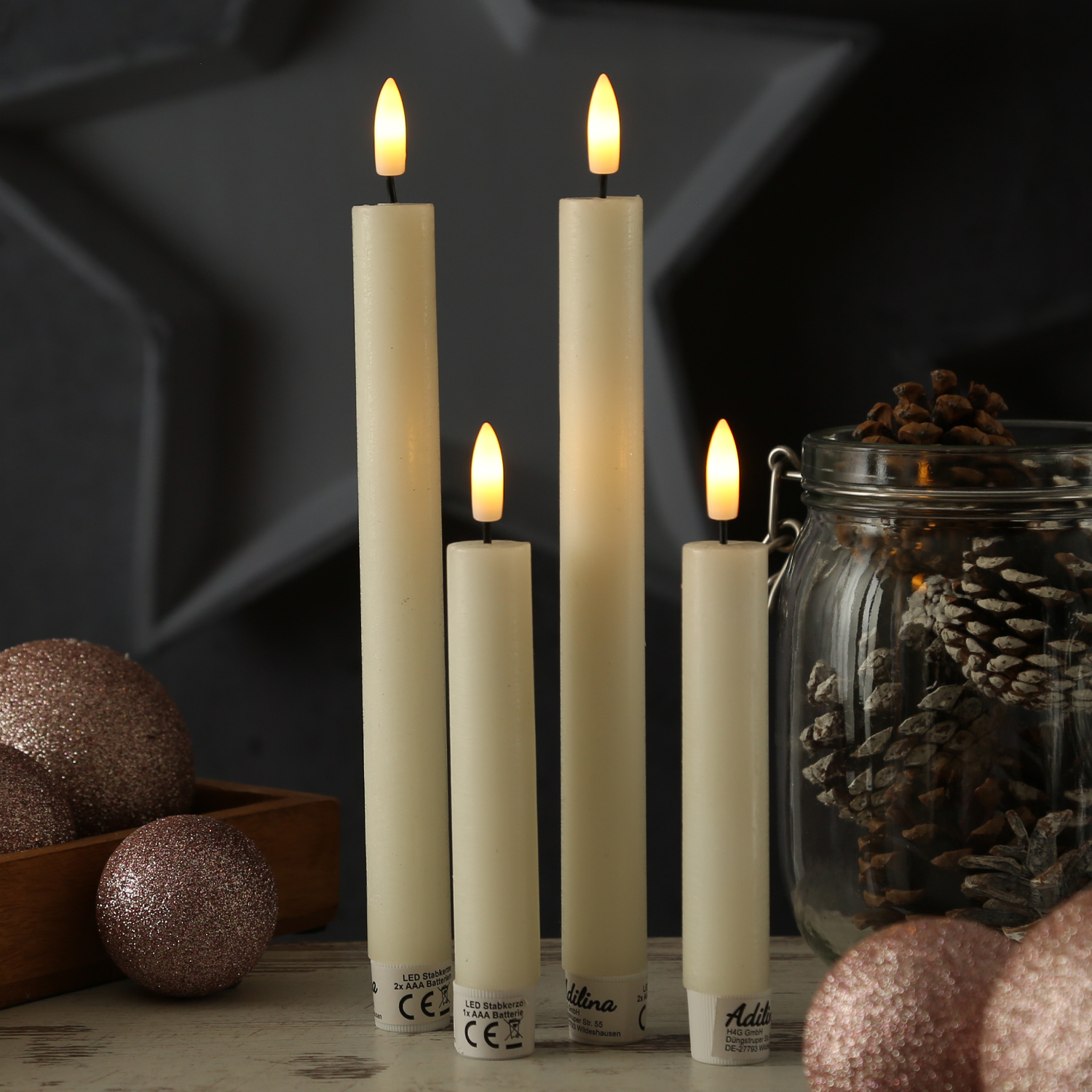 LED Stabkerzen LINA - Rustik-Optik - Echtwachs - 3D Flamme - H: 24cm - Timer - creme - 2er Set