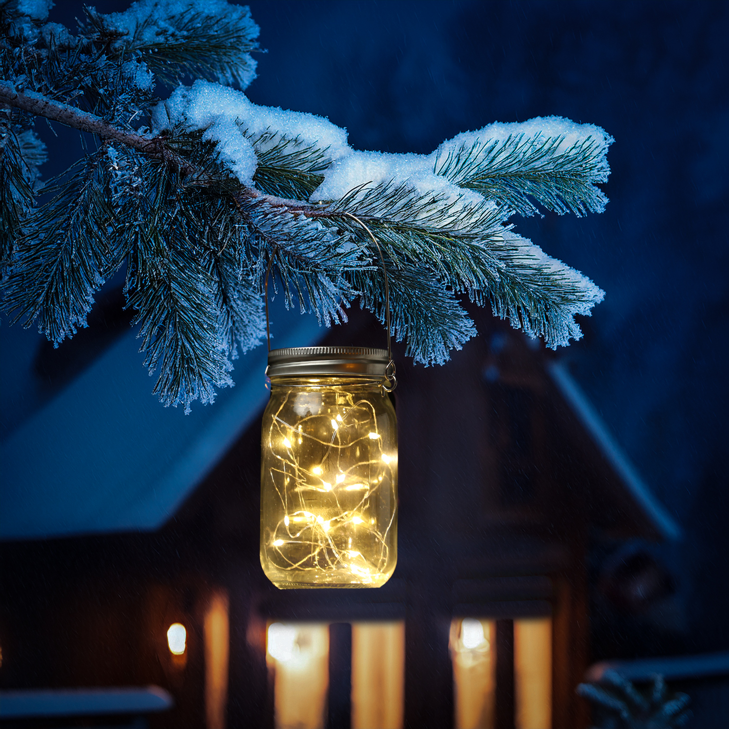 LED Solar Glas - Windlicht - mit Drahtlichterkette - Lichtsensor - H 18cm - transparent