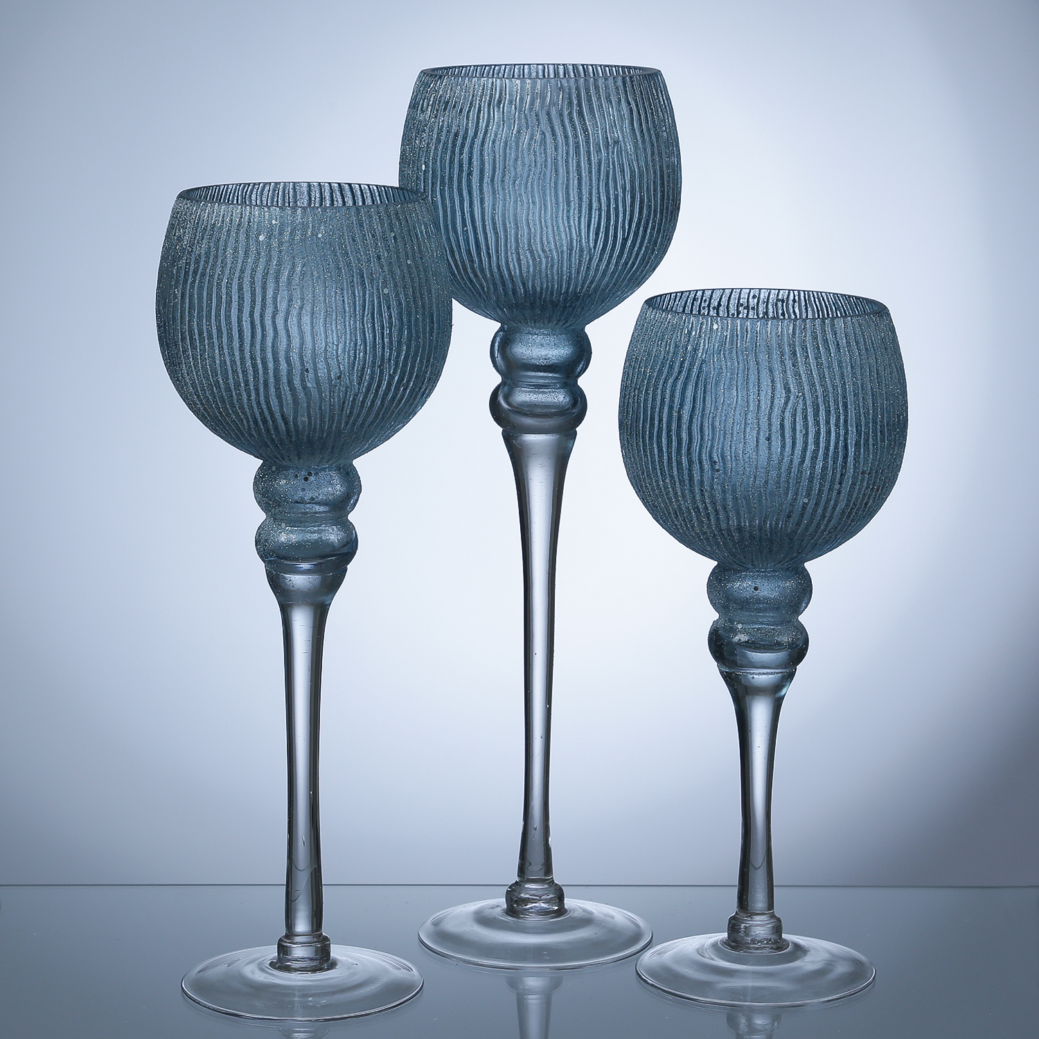 Kerzenhalter Kelch - Windlicht - Glas - H: 30,5cm/34,5cm/40cm - glitzernd - blau - 3er Set