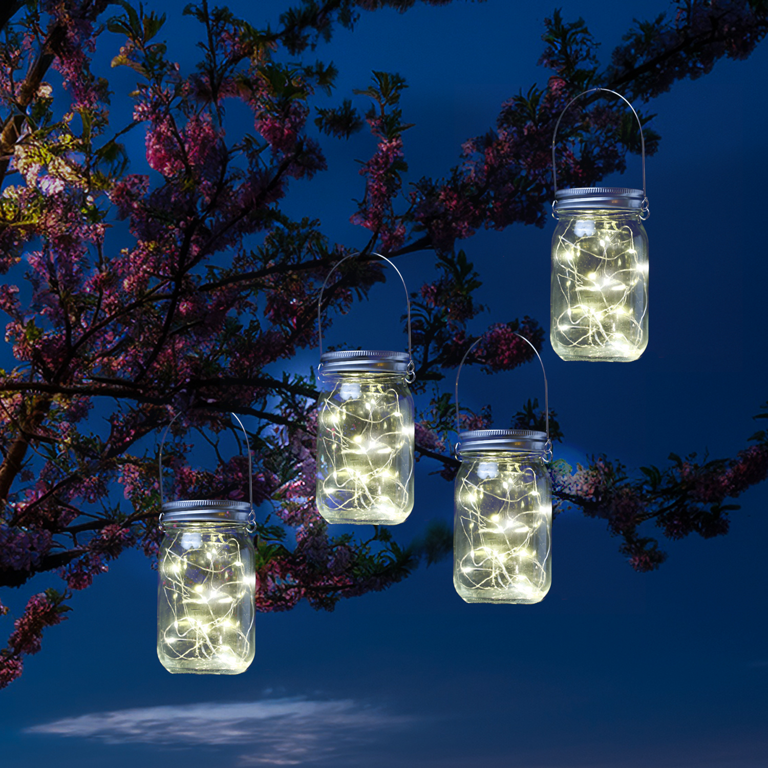 LED Solar Gläser - Windlichter mit Drahtlichterkette - Lichtsensor - H: 13cm - transparent - 4 Stück