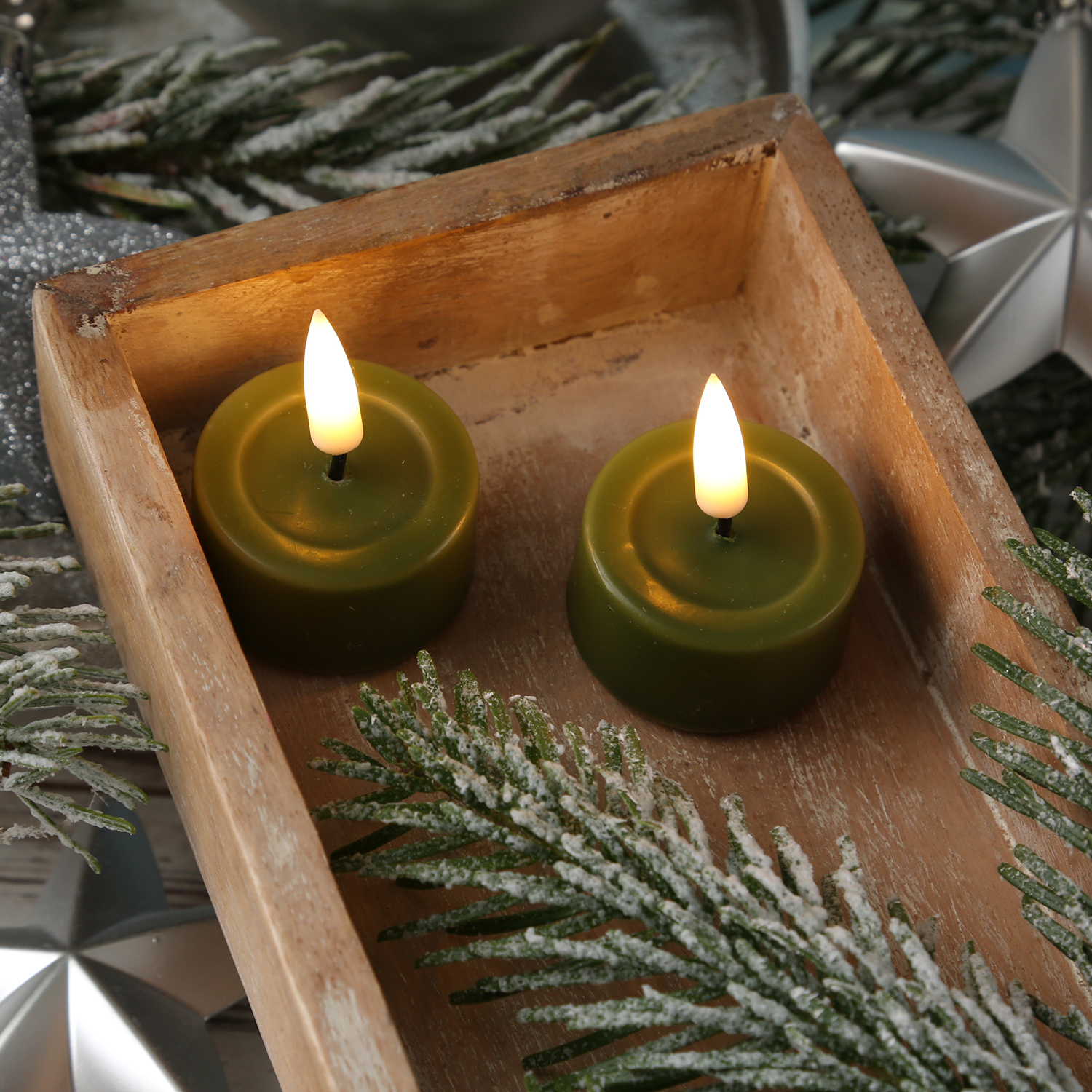 LED Teelichter MIA - Kunststoff - realistische 3D Flamme - D: 4,1cm - olivgrün - 2 Stk LED Teelichter MIA - Kunststoff - realistische 3D Flamme - D: 4,1cm - olivgrün - 2 Stk