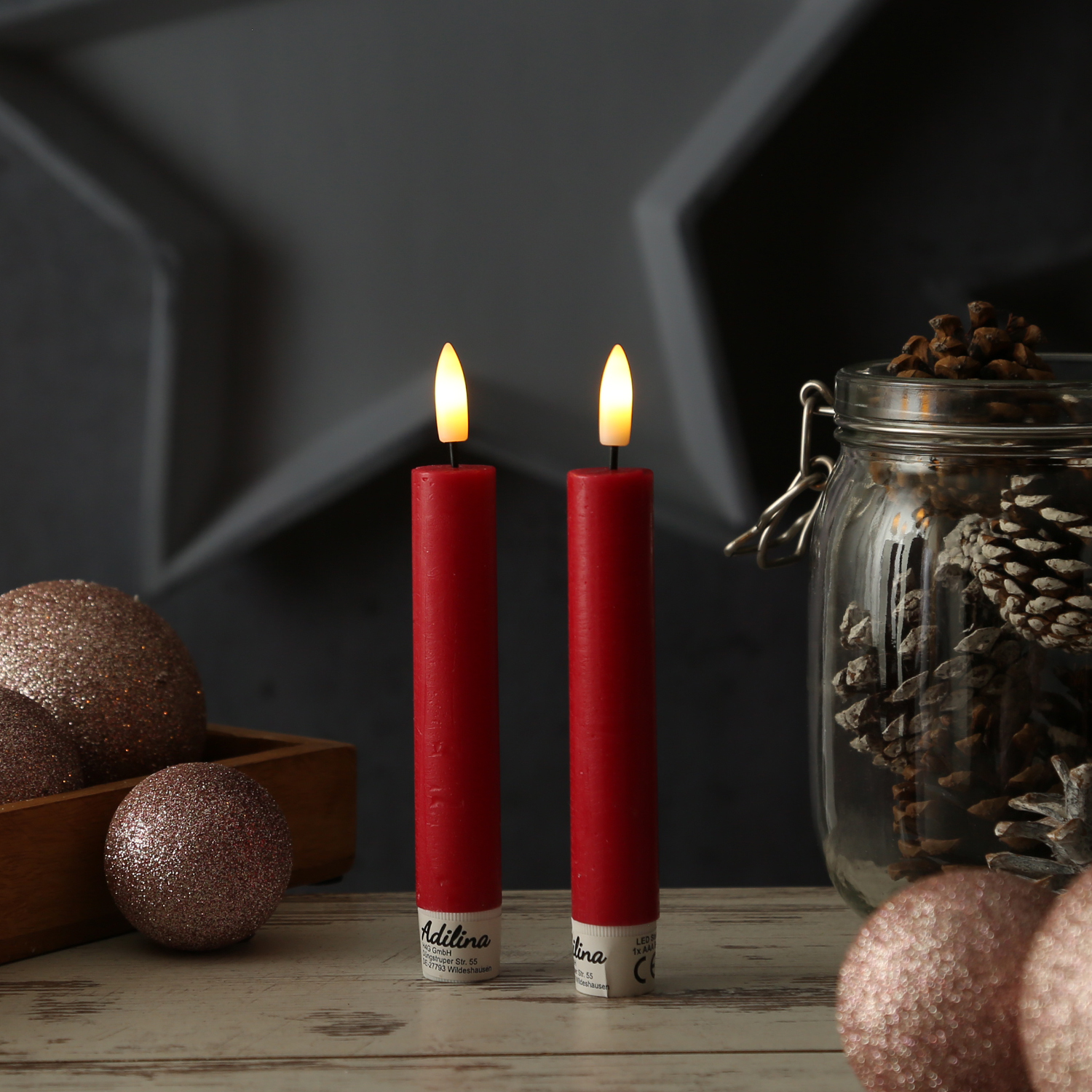 LED Stabkerzen LINA - Rustik-Optik - Echtwachs - 3D Flamme - H: 16cm - Timer - rot - 2er Set