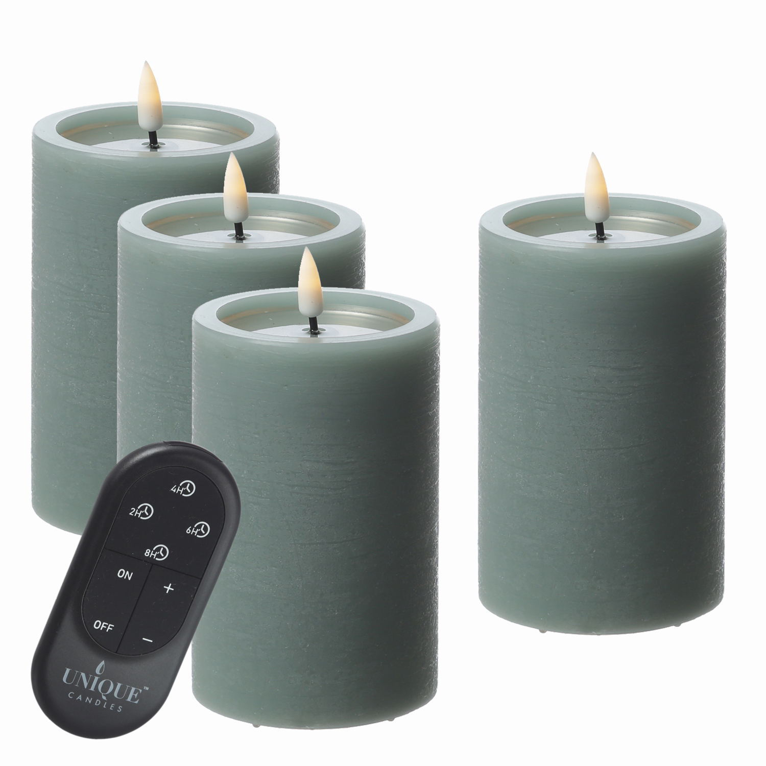 LED Kerzenset UNIQUE - Rustik-Optik - H: 12,5cm - mit Batterien und Fernbedienung - grün - 4er Set LED Kerzenset UNIQUE - Rustik-Optik - H: 12,5cm - mit Batterien und Fernbedienung - grün - 4er Set