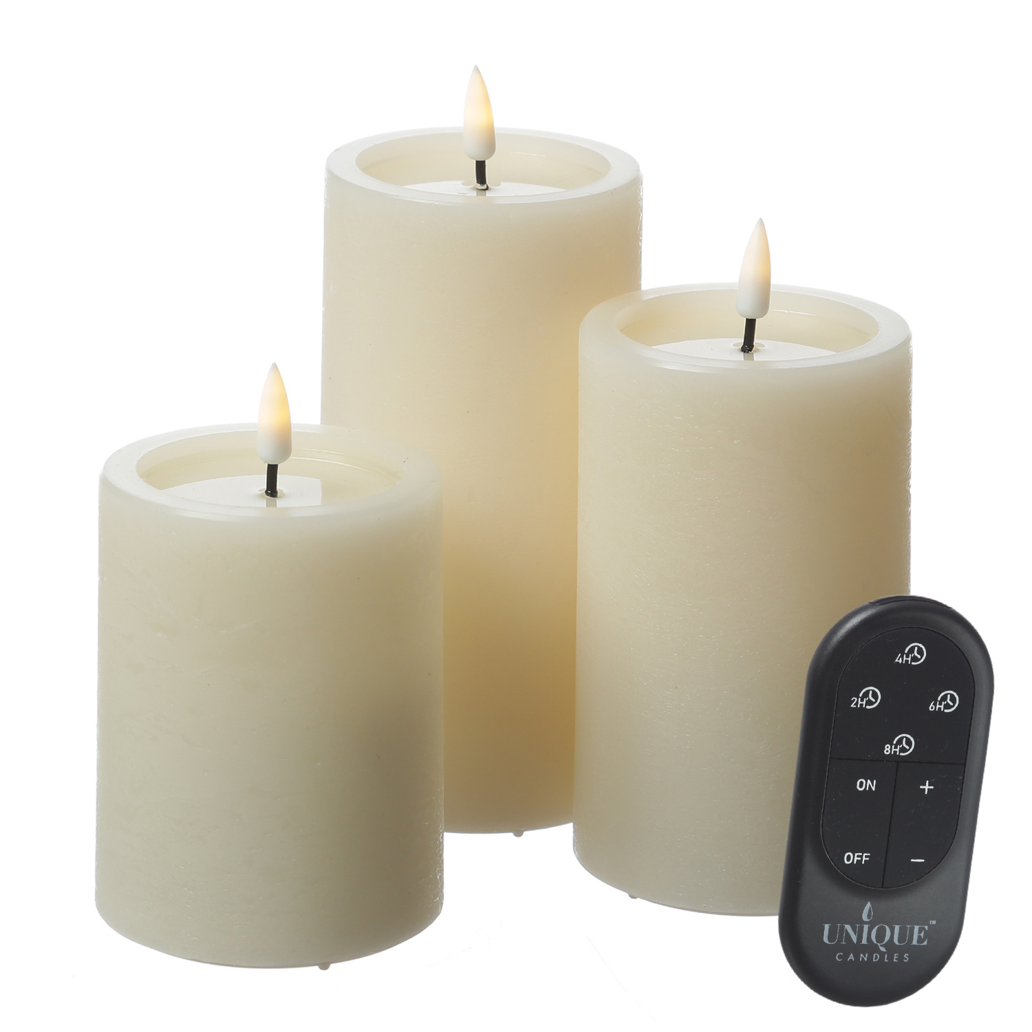 LED Kerzenset UNIQUE - Rustik-Optik - 3 Größen - mit Batterien/Fernbedienung - creme - 3er Set