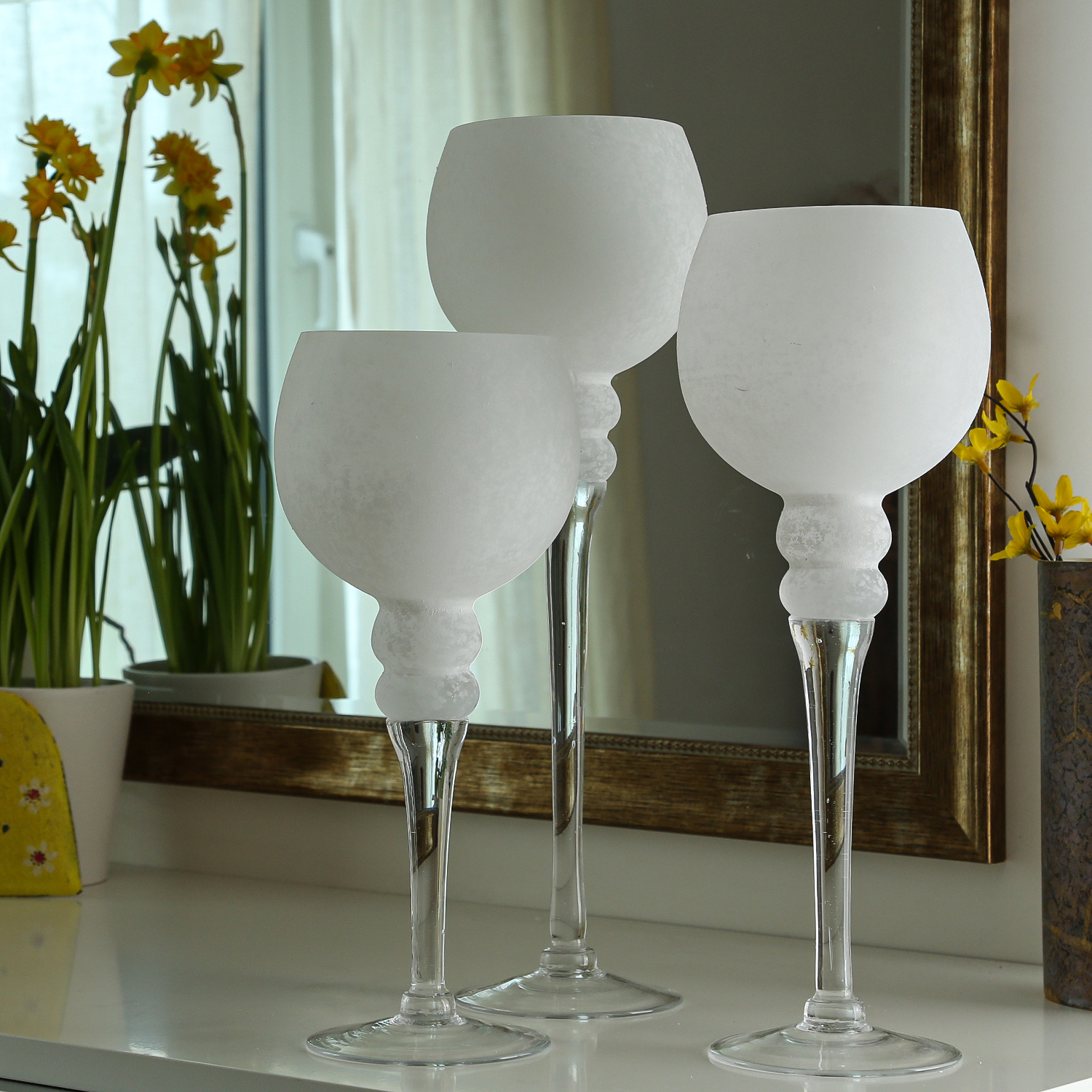 Kerzenhalter Kelch FROST - Glas - H: 30cm, 35cm, 40cm - gefrostet und weiß satiniert - 3er Set