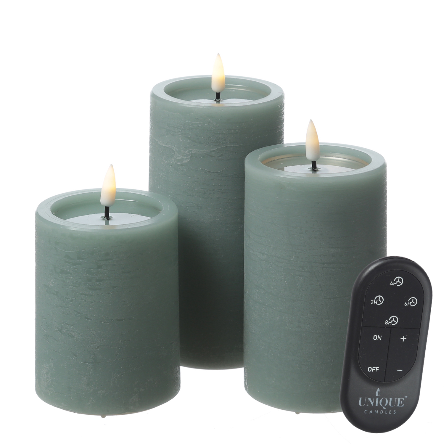 LED Kerzenset UNIQUE - Rustik-Optik - 3 Größen - mit Batterien/Fernbedienung - grün - 3er Set LED Kerzenset UNIQUE - Rustik-Optik - 3 Größen - mit Batterien/Fernbedienung - grün - 3er Set