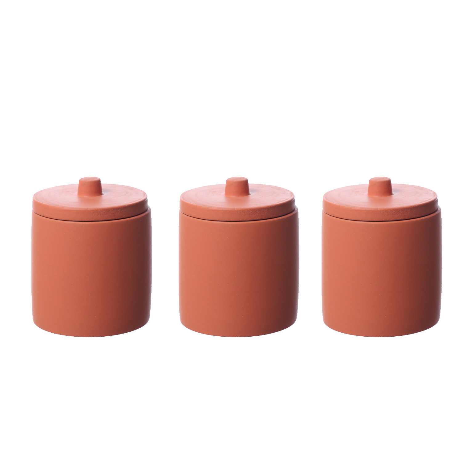 LED Kerzen im Topf - mit Deckel - Betonoptik - Timer - H: 10cm D: 8cm - terracotta - 3er Set