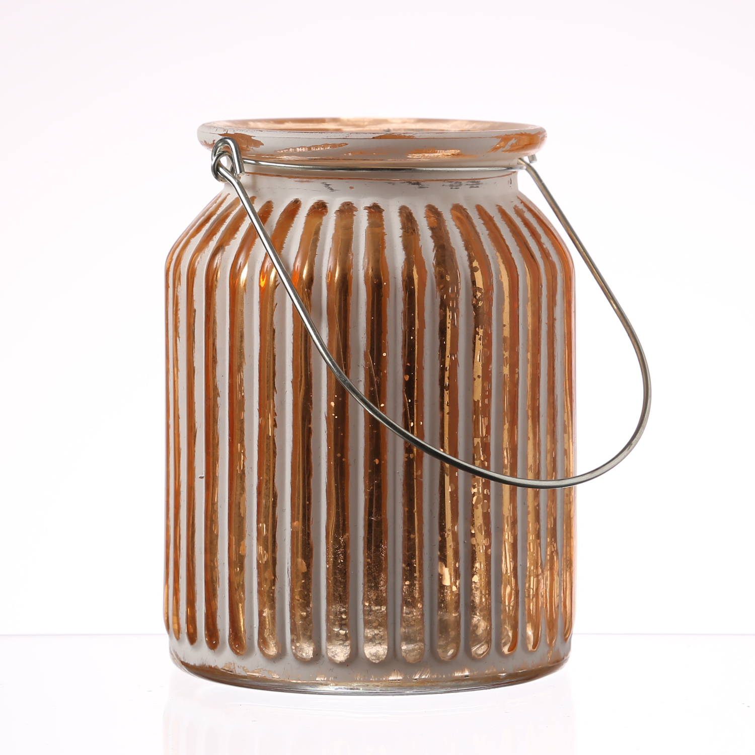 Windlicht - geriffeltes Glas - Metallhenkel - H: 14,5cm - weiß, kupfer Windlicht - geriffeltes Glas - Metallhenkel - H: 14,5cm - weiß, kupfer