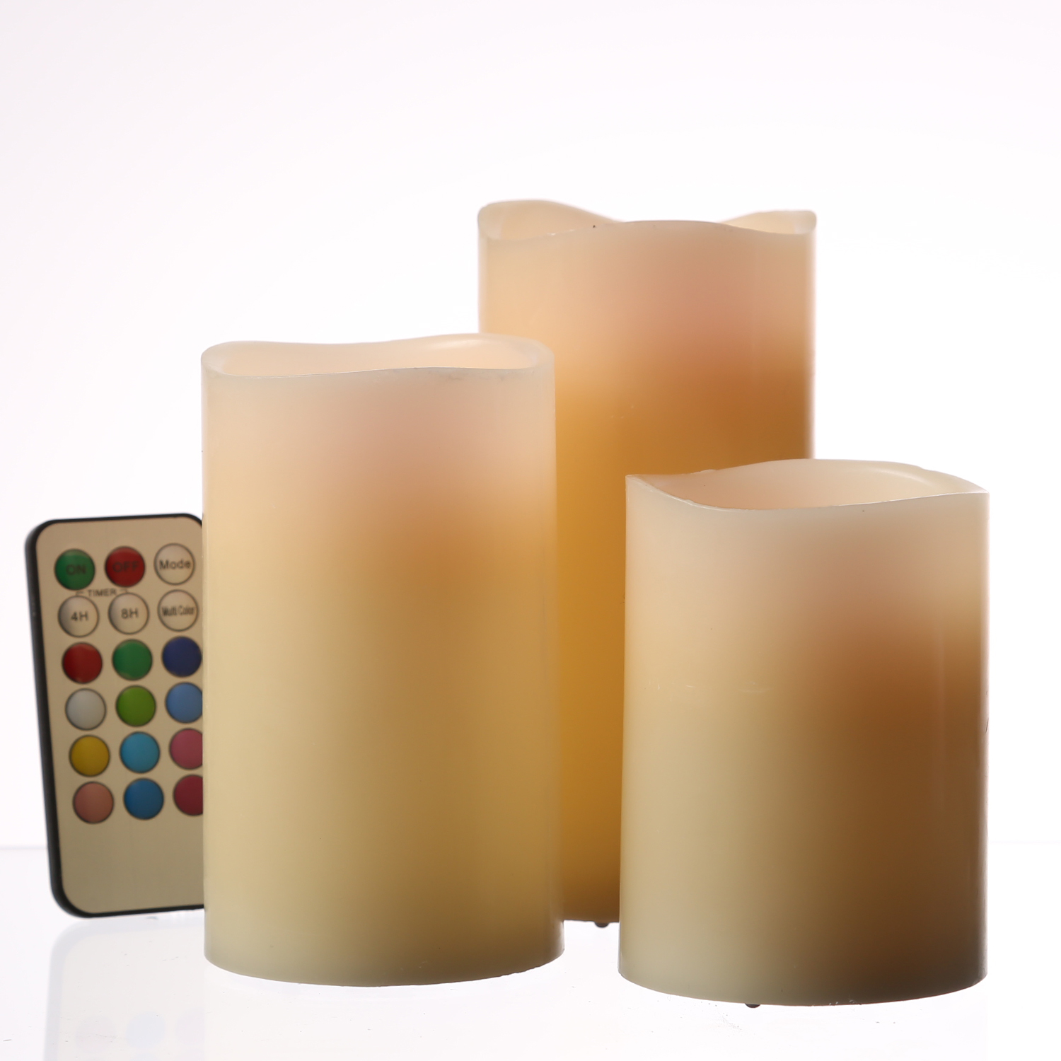 LED Kerze MULTI - Echtwachs - bunte LED - D: 7,5cm - inkl. Fernbedienung - Timer - creme - 3er Set LED Kerze MULTI - Echtwachs - bunte LED - D: 7,5cm - inkl. Fernbedienung - Timer - creme - 3er Set