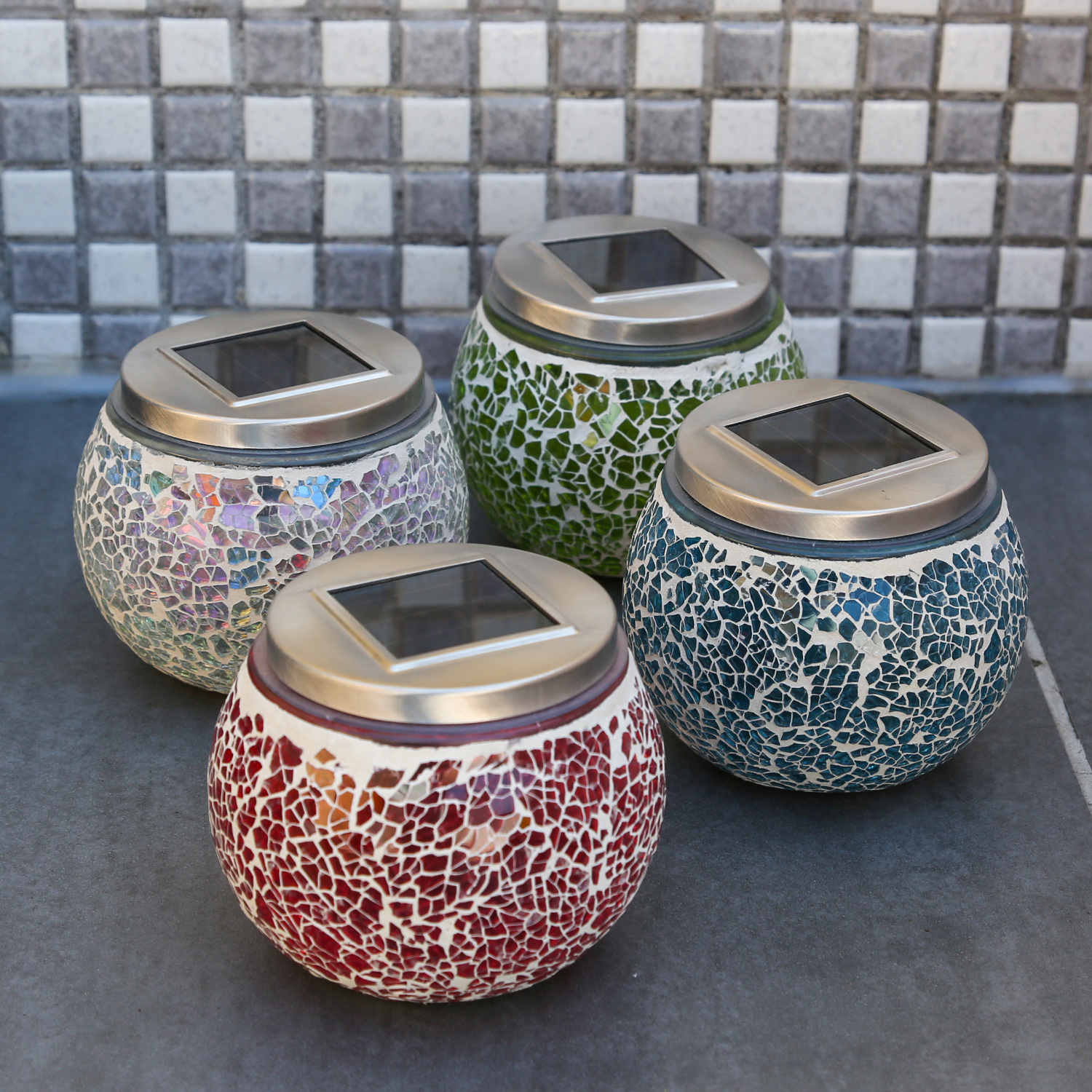 LED Solar Windlicht - Mosaik Glas - Lichtsensor - H: 10cm - outdoor - transparent mit Schimmereffekt