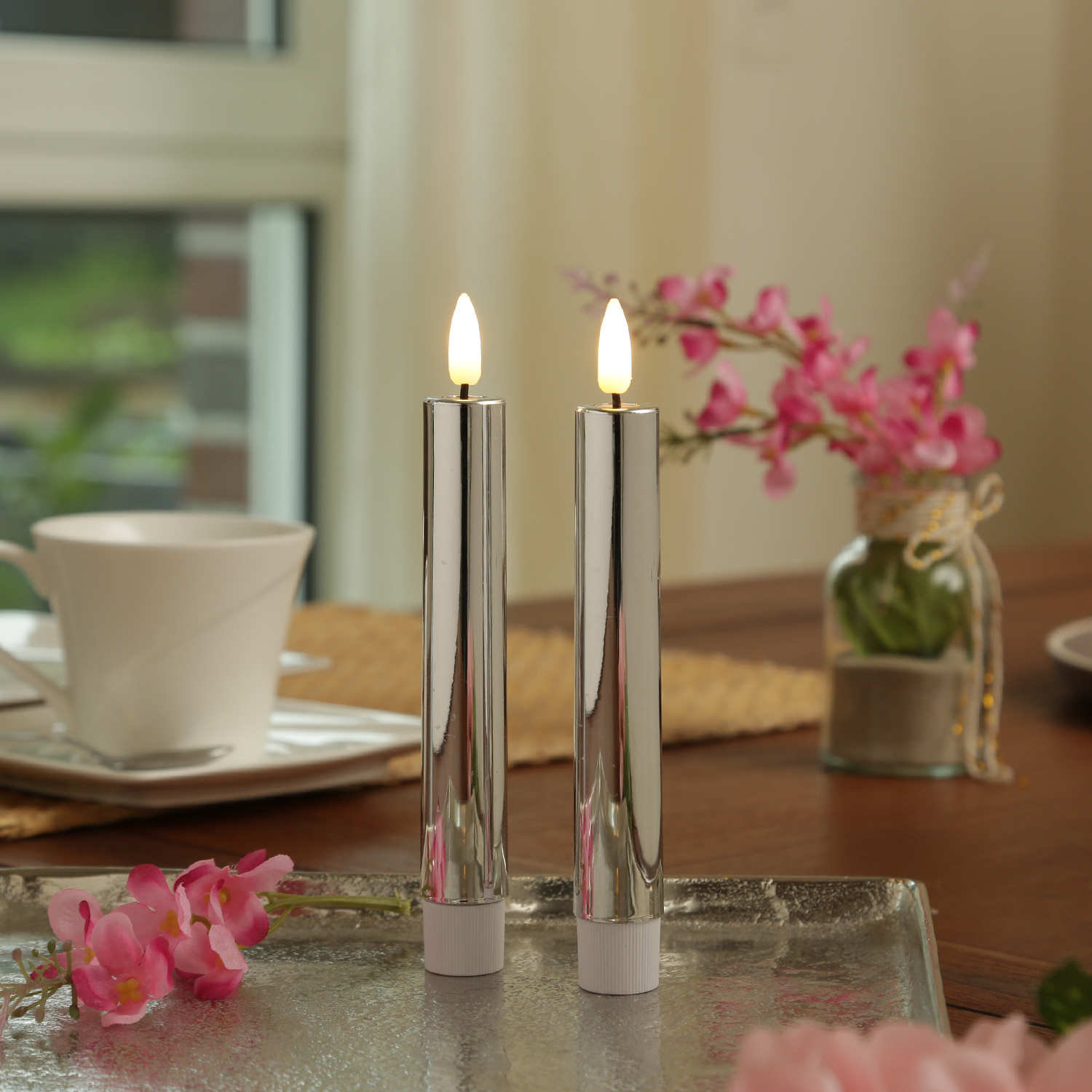 LED Stabkerzen - Tafelkerzen aus Kunststoff - H- 17cm - Timer - silber glänzend - 2er Set