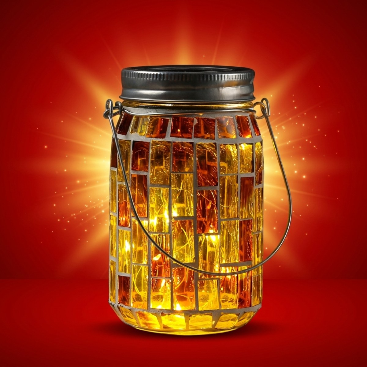 LED Solar Glas - Einmachglas mit Mosaiksteinchen - mit Henkel - H: 13,5cm - Lichtsensor - gelb