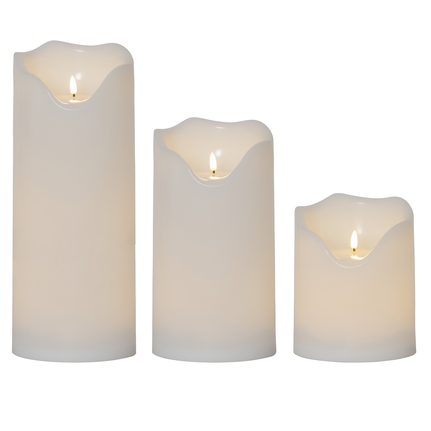 LED  XXL Stumpenkerzen Flamme - Kunststoff - flackernde 3D Flamme - Timer - Außen - weiß - 3er Set LED  XXL Stumpenkerzen Flamme - Kunststoff - flackernde 3D Flamme - Timer - Außen - weiß - 3er Set