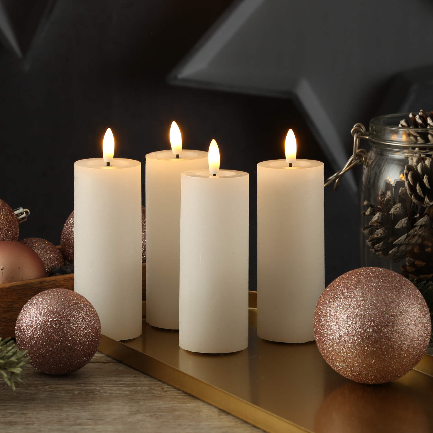 LED Kerzenset LINA - Rustik-Optik - Echtwachs - H: 12,5cm - D: 5cm - Timer - weiß - 4er Set