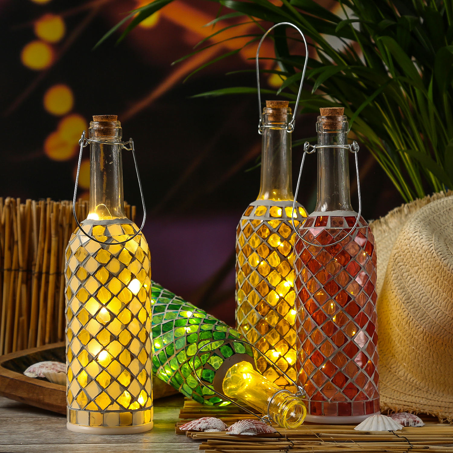 LED Flasche mit Mosaiksteinen - 10 warmweiße LED an Drahtlichterkette - H: 29,5cm - grün