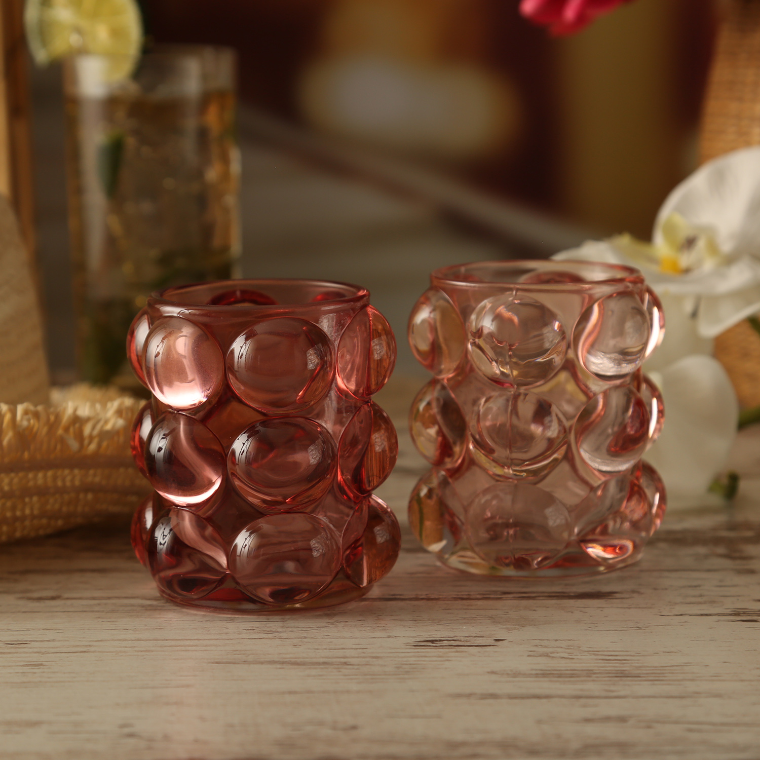 Teelichthalter BUBBLE - Windlicht - Glas - H: 9cm - D: 9,5cm - rosa