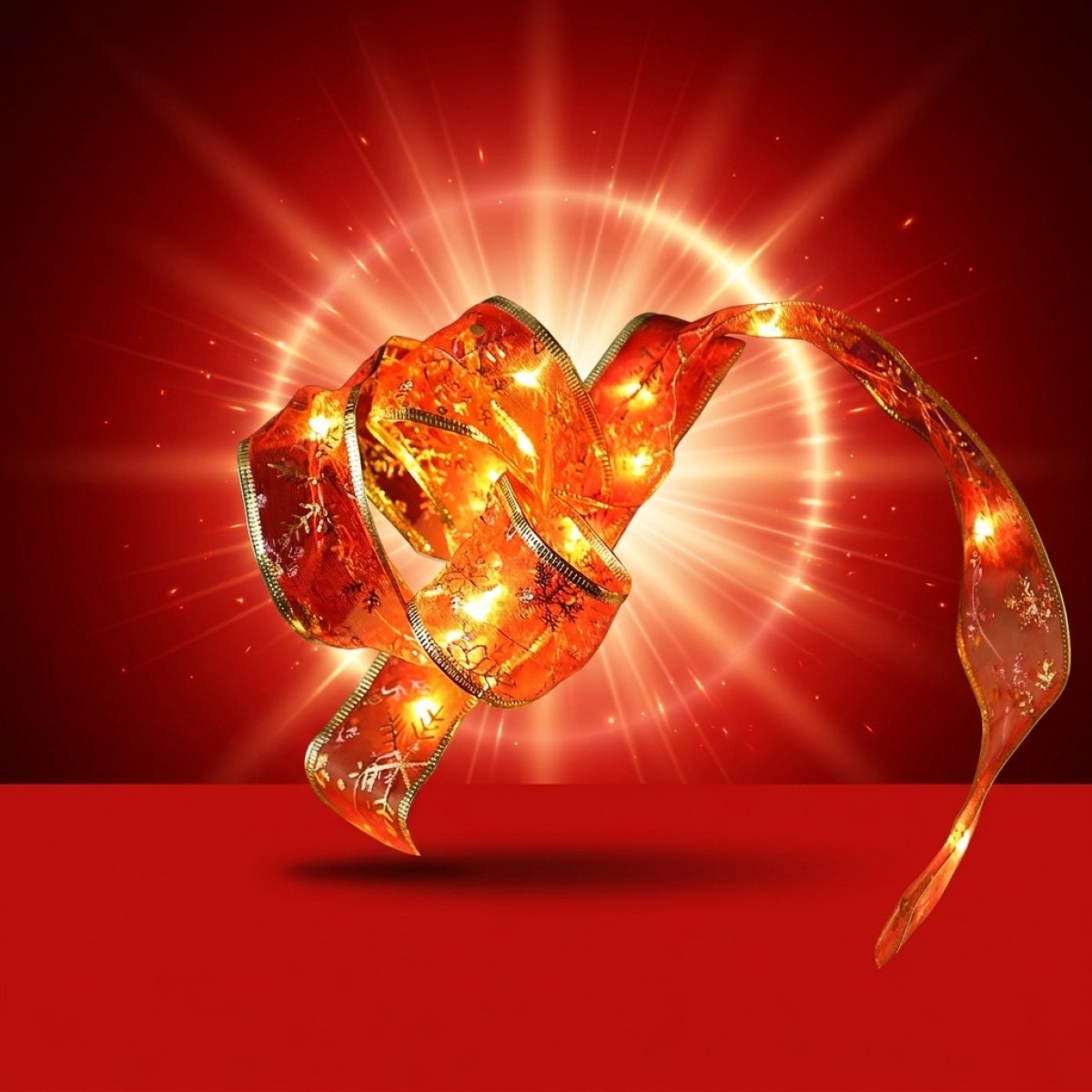 LED Seidenband Lichterkette - Geschenkband - Schneeflockenmotiv - 30 LED - L: 2,7m - Batterie - rot