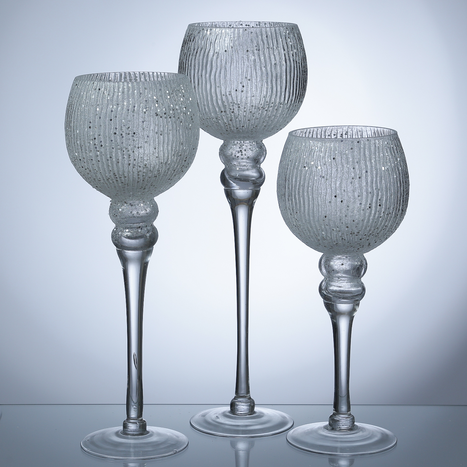 Kerzenhalter Kelch - Windlicht - Glas - H: 30,5cm/34,5cm/40cm - glitzernd - weiß - 3er Set