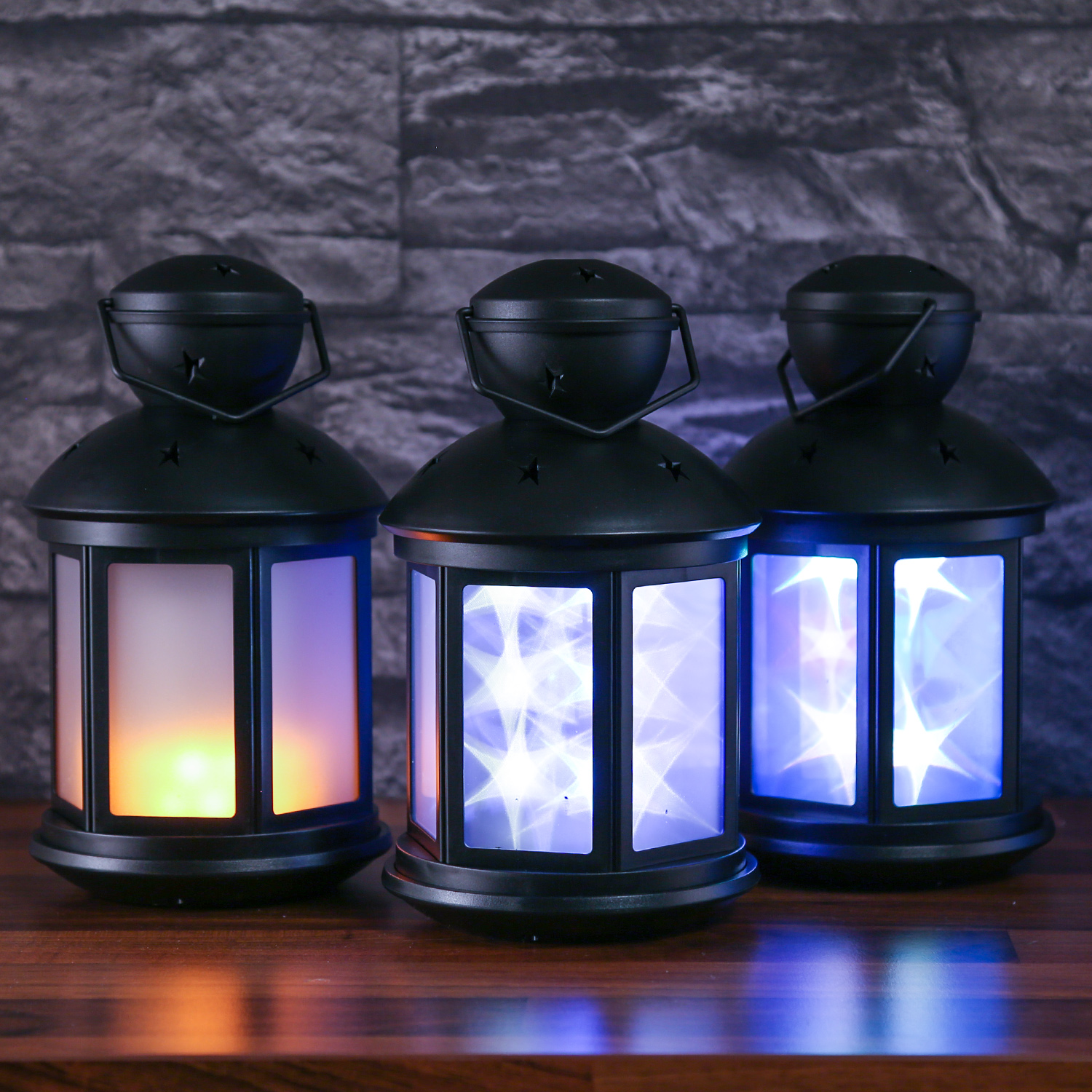 LED Laterne - farbiges bewegtes Sternenmuster - H: 22cm - Batteriebetrieb - schwarz LED Laterne - farbiges bewegtes Sternenmuster - H: 22cm - Batteriebetrieb - schwarz
