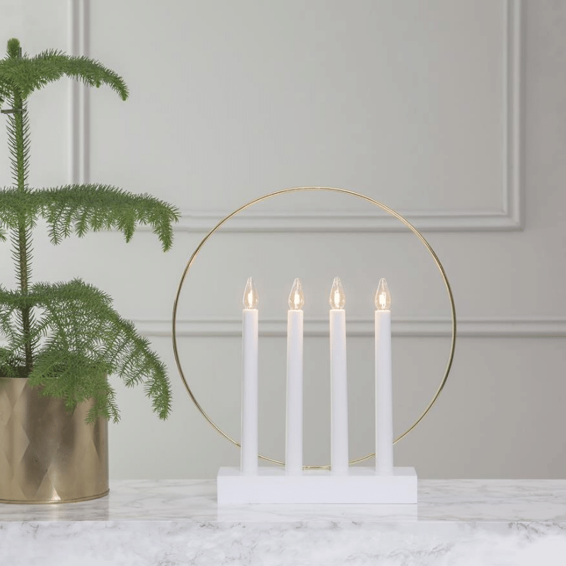 Fensterleuchter/Stimmungsleuchter Glossy - 4 klare Glühlampen - Holz - H: 35 cm - f. Innen - weiß - gold Fensterleuchter/Stimmungsleuchter Glossy - 4 klare Glühlampen - Holz - H: 35 cm - f. Innen - weiß - gold