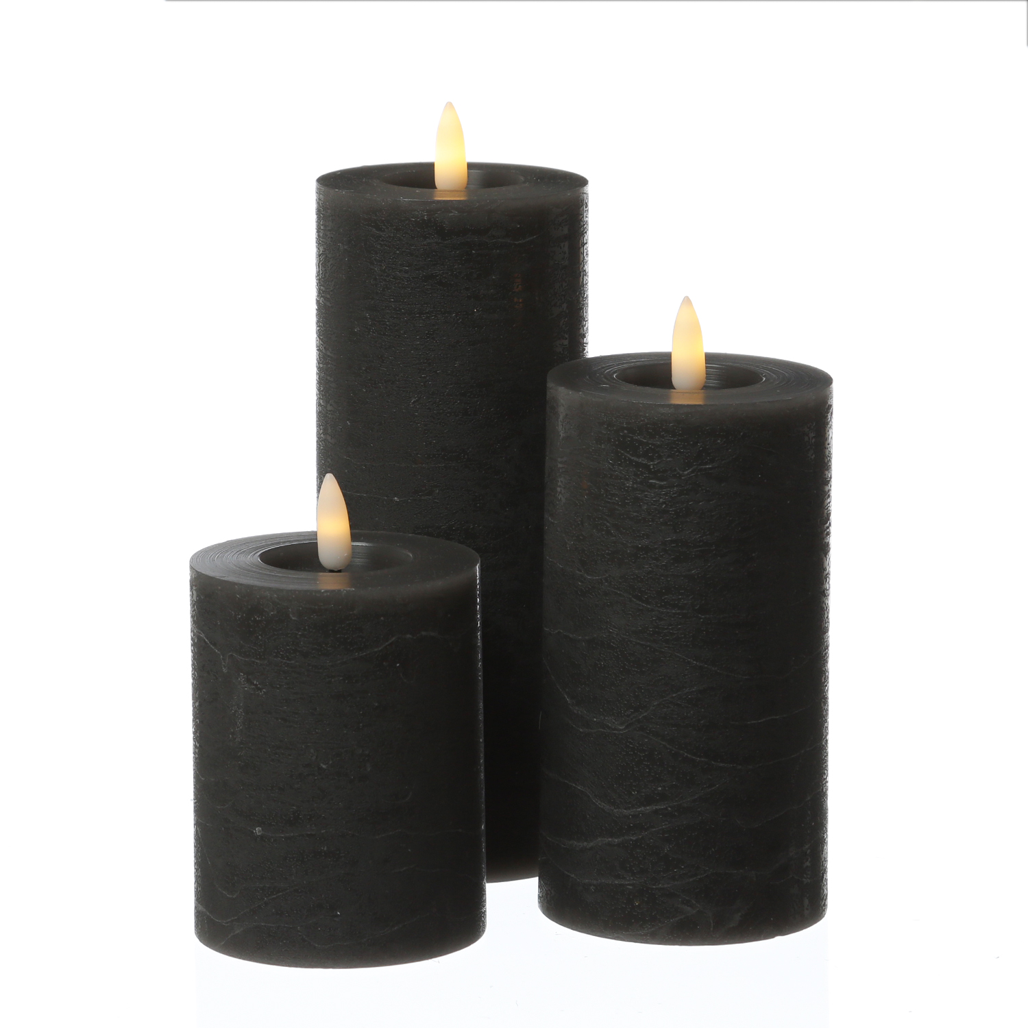 LED Kerzenset LINA - Rustik-Optik - Echtwachs - 3D Flamme - 3 Größen - Timer - anthrazit - 3er Set LED Kerzenset LINA - Rustik-Optik - Echtwachs - 3D Flamme - 3 Größen - Timer - anthrazit - 3er Set