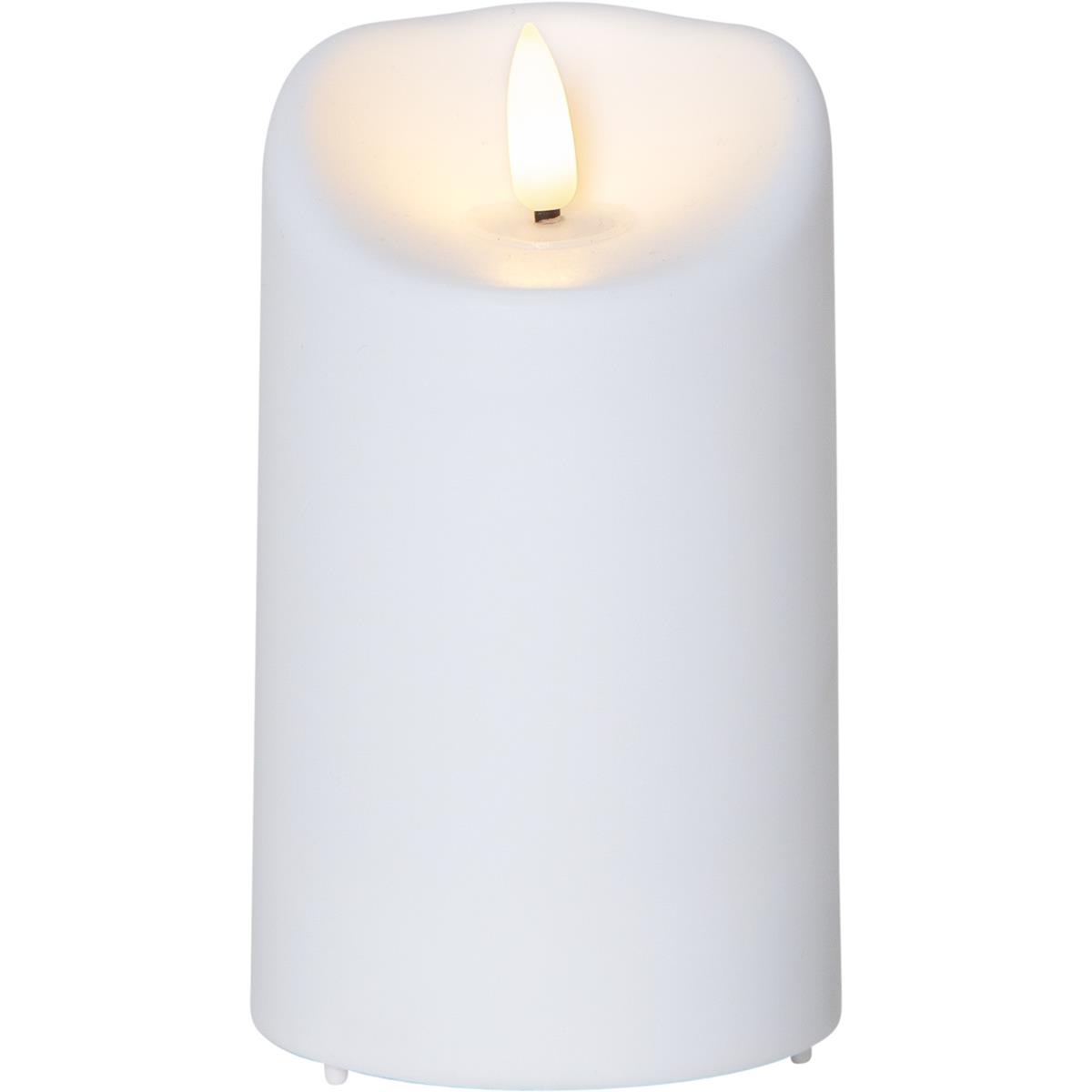 LED Stumpenkerze "Flamme" - Kunststoff - warmweiße 3D Flamme - H: 13cm - Timer - outdoor - weiß LED Stumpenkerze "Flamme" - Kunststoff - warmweiße 3D Flamme - H: 13cm - Timer - outdoor - weiß