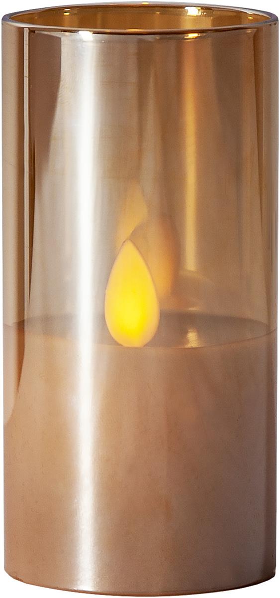 LED Windlicht "Twinkle" - Echtwachs - bewegte, gelbe Flamme - Timer - H: 10cm - goldbraunes Glas