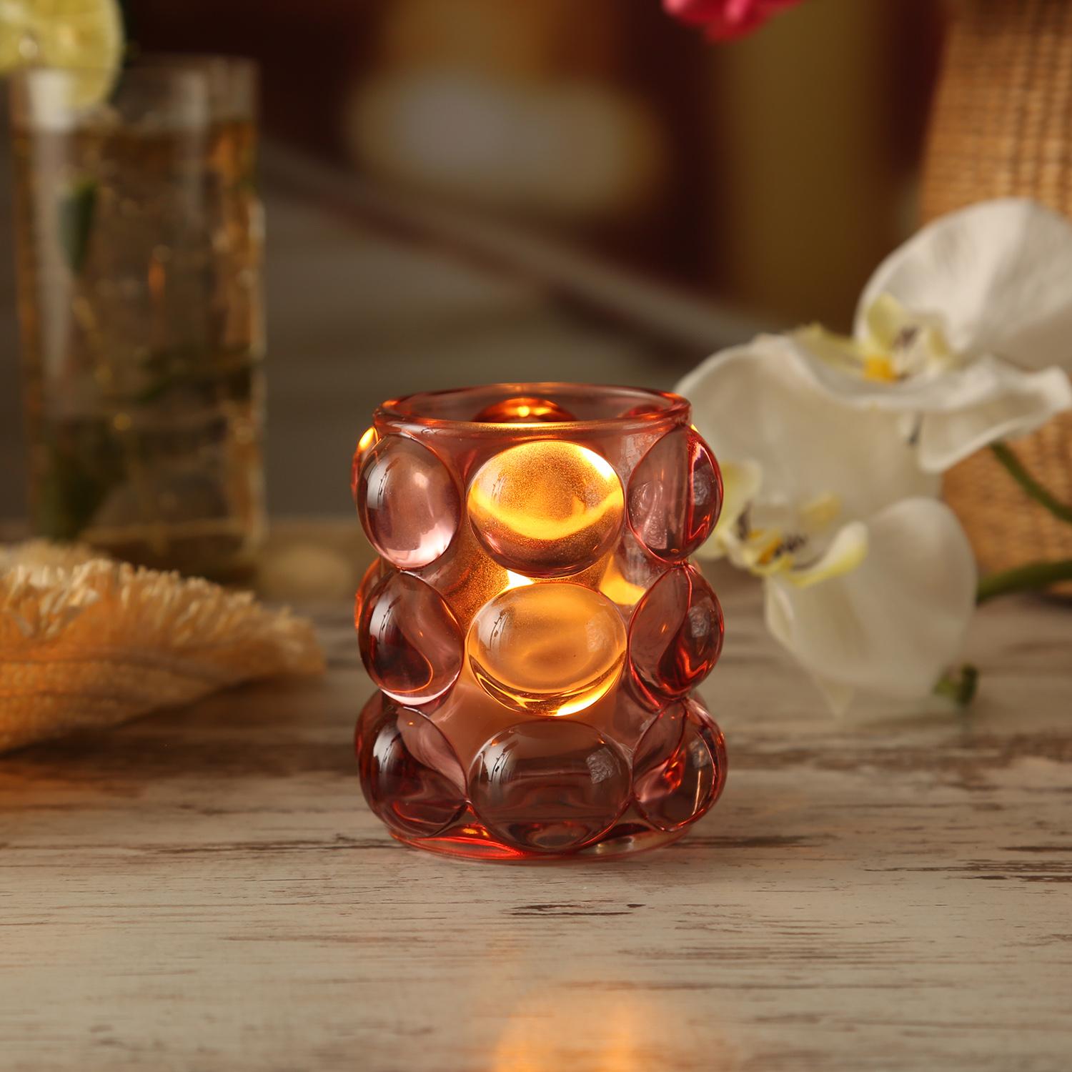 Teelichthalter BUBBLE - Windlichter - Glas - H: 9cm - D: 9,5cm - altrosa, rosa - 2er Set