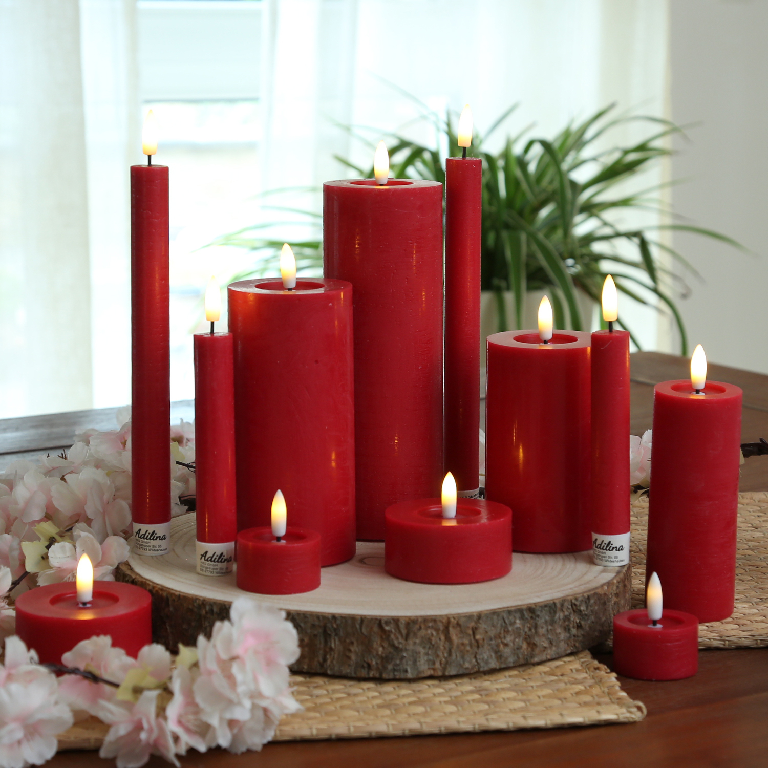 LED Kerze LINA - Rustik-Optik - Echtwachs - 3D Flamme - H: 20cm - D: 7cm - Batterie - Timer - rot