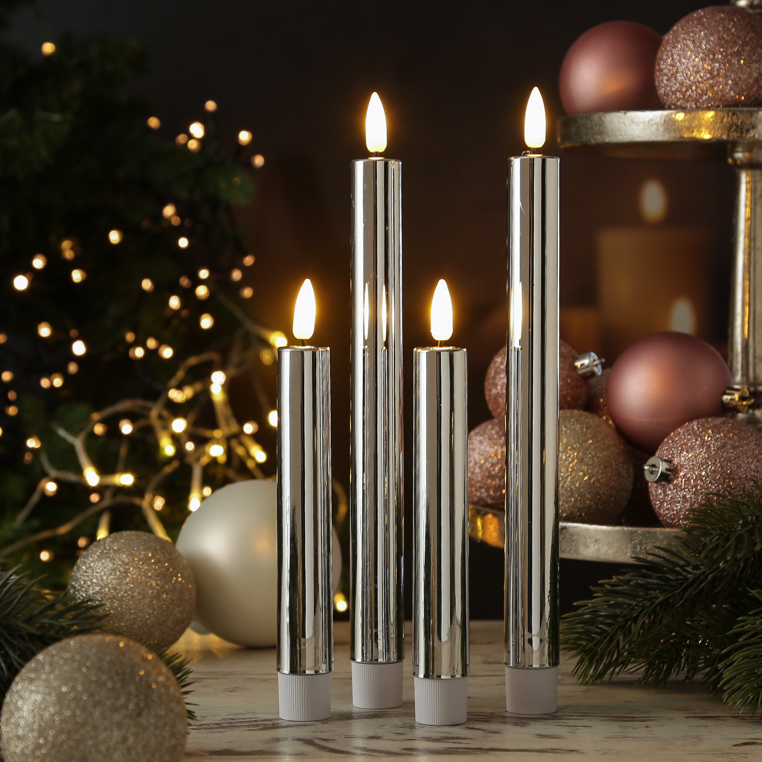 LED Stabkerzen - Tafelkerzen aus Kunststoff - H: 17cm - Timer - silber glänzend - 2er Set LED Stabkerzen - Tafelkerzen aus Kunststoff - H: 17cm - Timer - silber glänzend - 2er Set