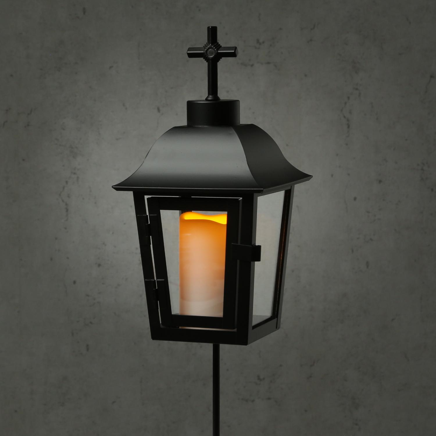 Grablaterne mit Mini LED Kerze - Grablampe mit 2 wechselbaren Spitzen/Erdspieß - H: 51cm - schwarz