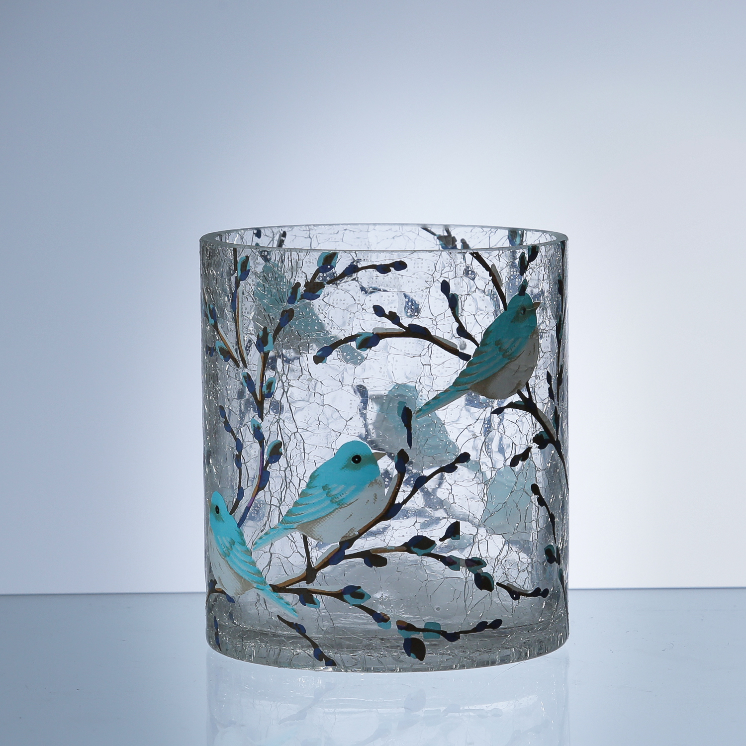 Teelichthalter blauer VOGEL - Windlicht - Bruchglasoptik - Glas - H: 10cm - D: 9cm