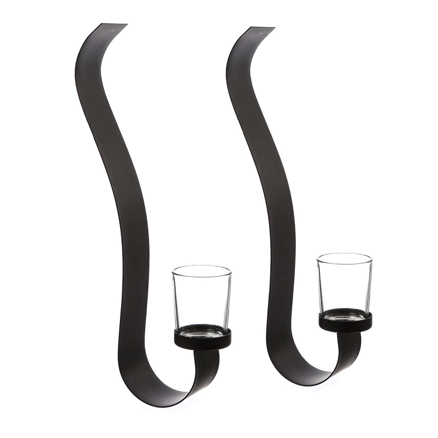 Wandkerzenhalter WAVE - mit Glasteelichthalter - Metall - H: 35cm -  schwarz - 2er Set