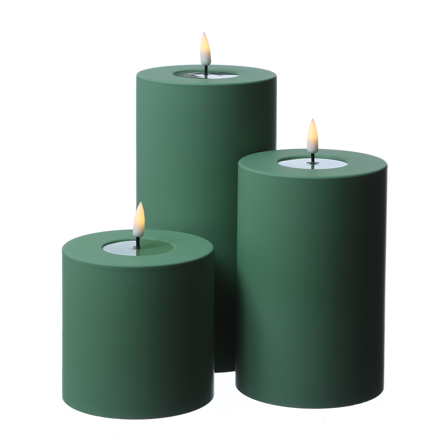 LED Stumpenkerze MIA - Kunststoff - realistische 3D Flamme - H: 15cm - f. Außen - grün LED Stumpenkerze MIA - Kunststoff - realistische 3D Flamme - H: 15cm - f. Außen - grün