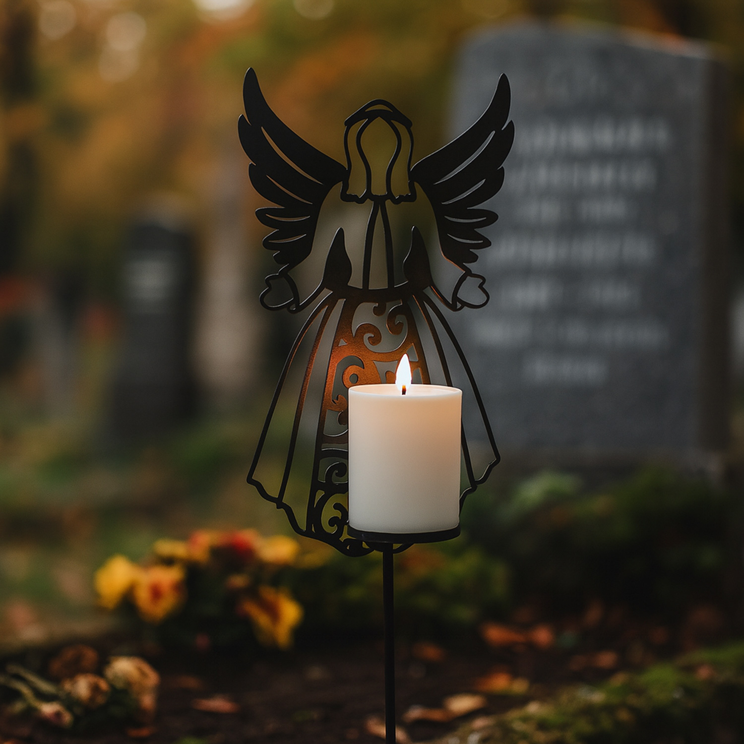 LED Grablicht Engel mit LED Kerze - Gartenfigur - H: 56cm - Timer - bis zu 2500 Stunden