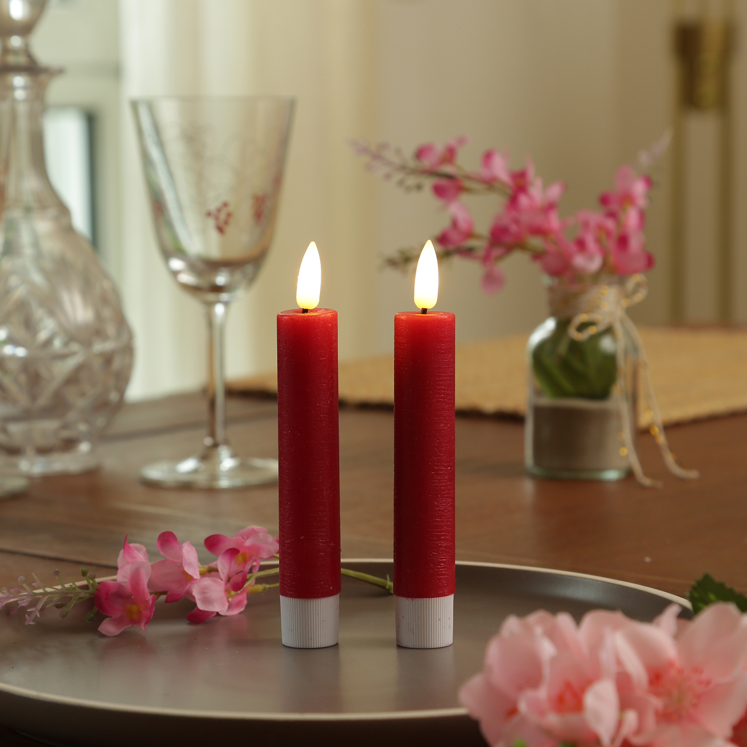 LED Stabkerzen LINA - Rustik-Optik - Echtwachs - 3D Flamme - H: 16cm - Timer - rot - 2er Set