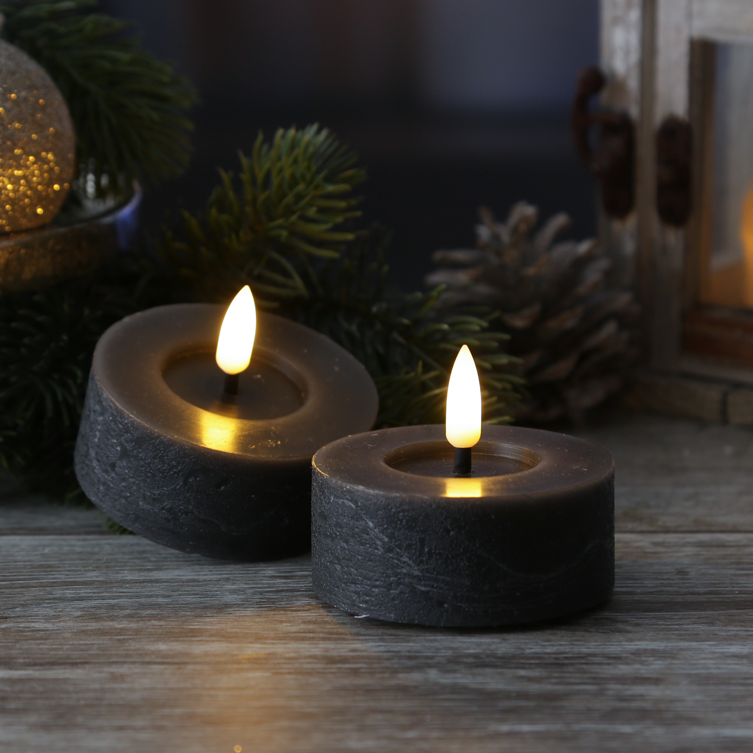 LED Maxi Teelichter LINA - Rustik-Optik - Echtwachs - Timer - D: 7cm - H: 6cm - grau - 2 Stück LED Maxi Teelichter LINA - Rustik-Optik - Echtwachs - Timer - D: 7cm - H: 6cm - grau - 2 Stück