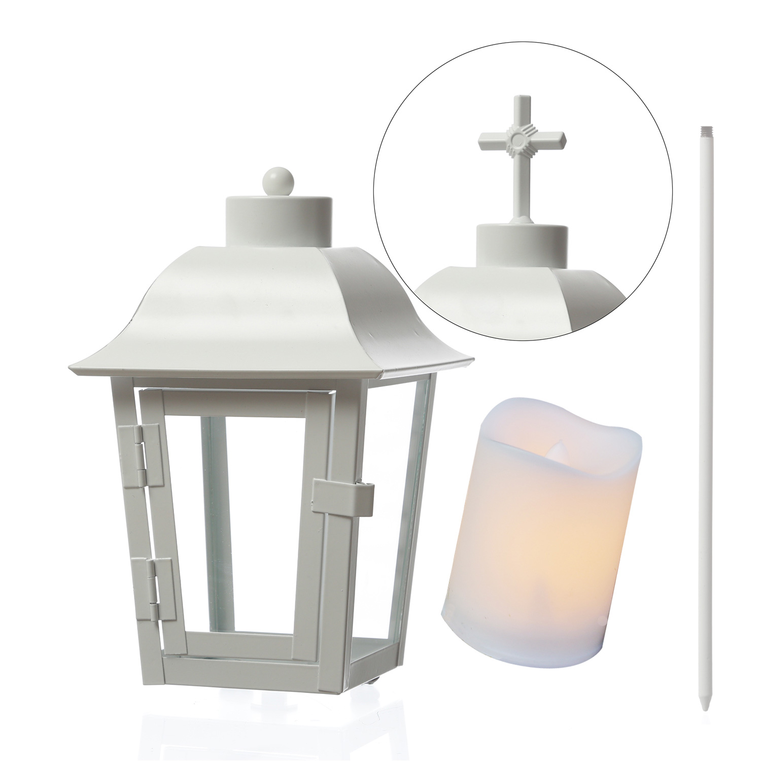 Grablaterne mit Mini LED Kerze - Grablampe mit 2 wechselbaren Spitzen/Erdspieß - H: 51cm - weiß