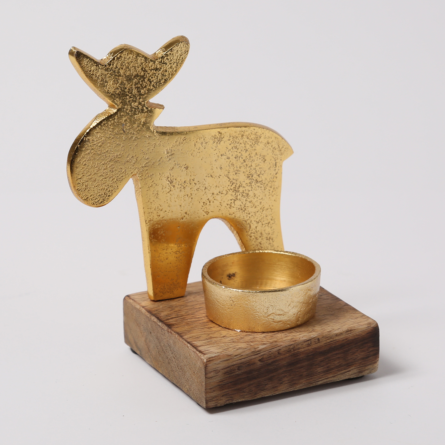 Teelichthalter HIRSCH - Aluminium - Mangoholzsockel - H: 12,1cm - natur, gold Teelichthalter HIRSCH - Aluminium - Mangoholzsockel - H: 12,1cm - natur, gold