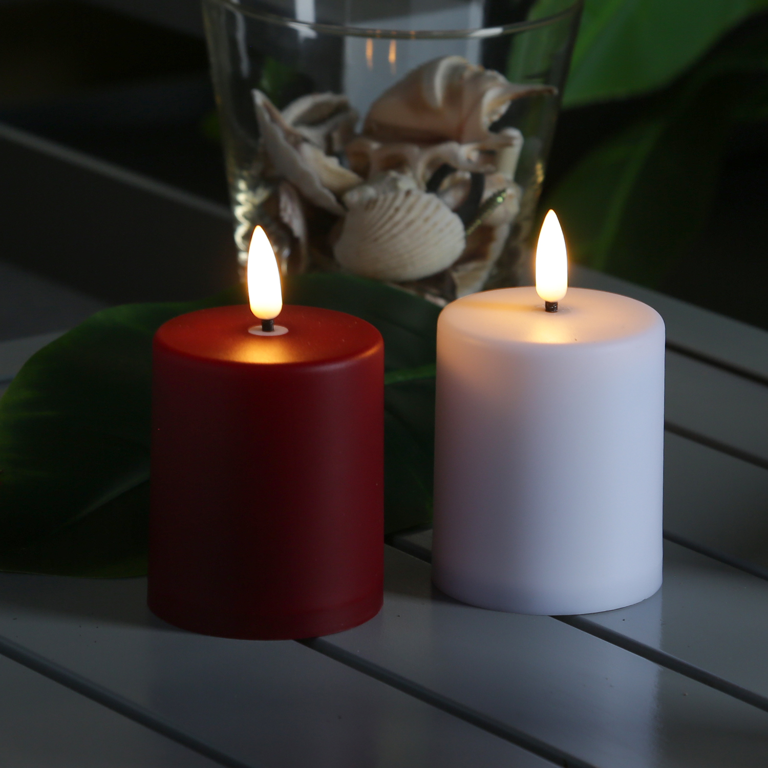 LED Mini Kerzen/Grabkerzen - H: 10cm/D: 6,1cm - Timer/Sensor - für Innen/Außen - bis 1200h - 2er Set