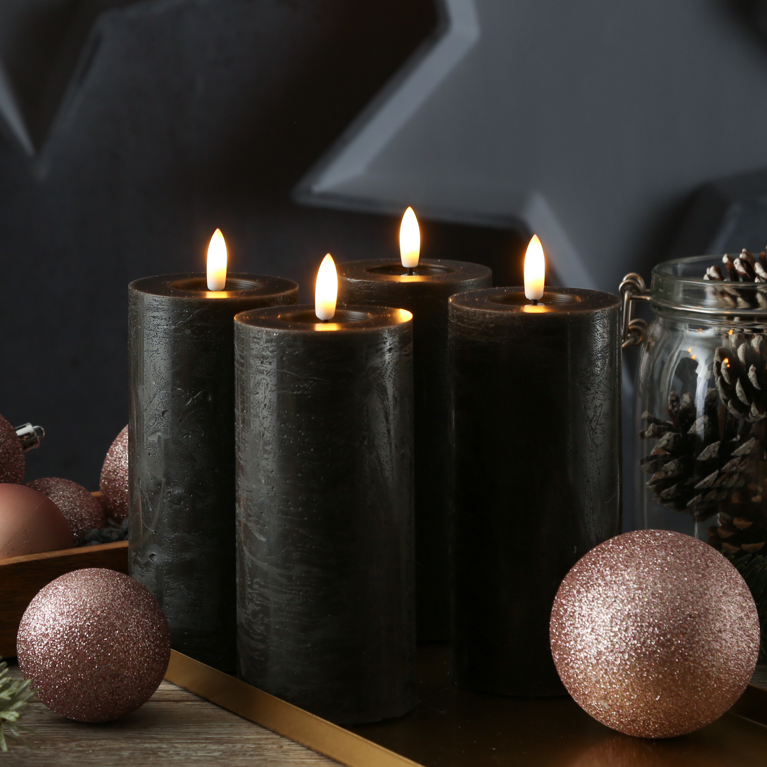 LED Kerzenset LINA - Rustik-Optik - Echtwachs - H: 15cm - D: 7cm - Timer - schwarz - 4er Set