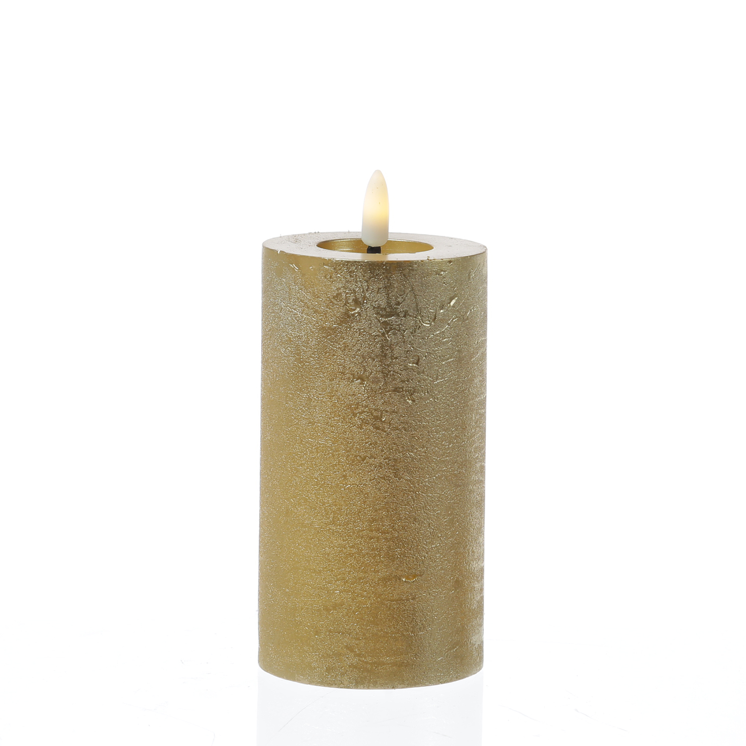 LED Kerze LINA - Rustik-Optik - Echtwachs - 3D Flamme - H: 15cm - D: 7cm - Timer - gold