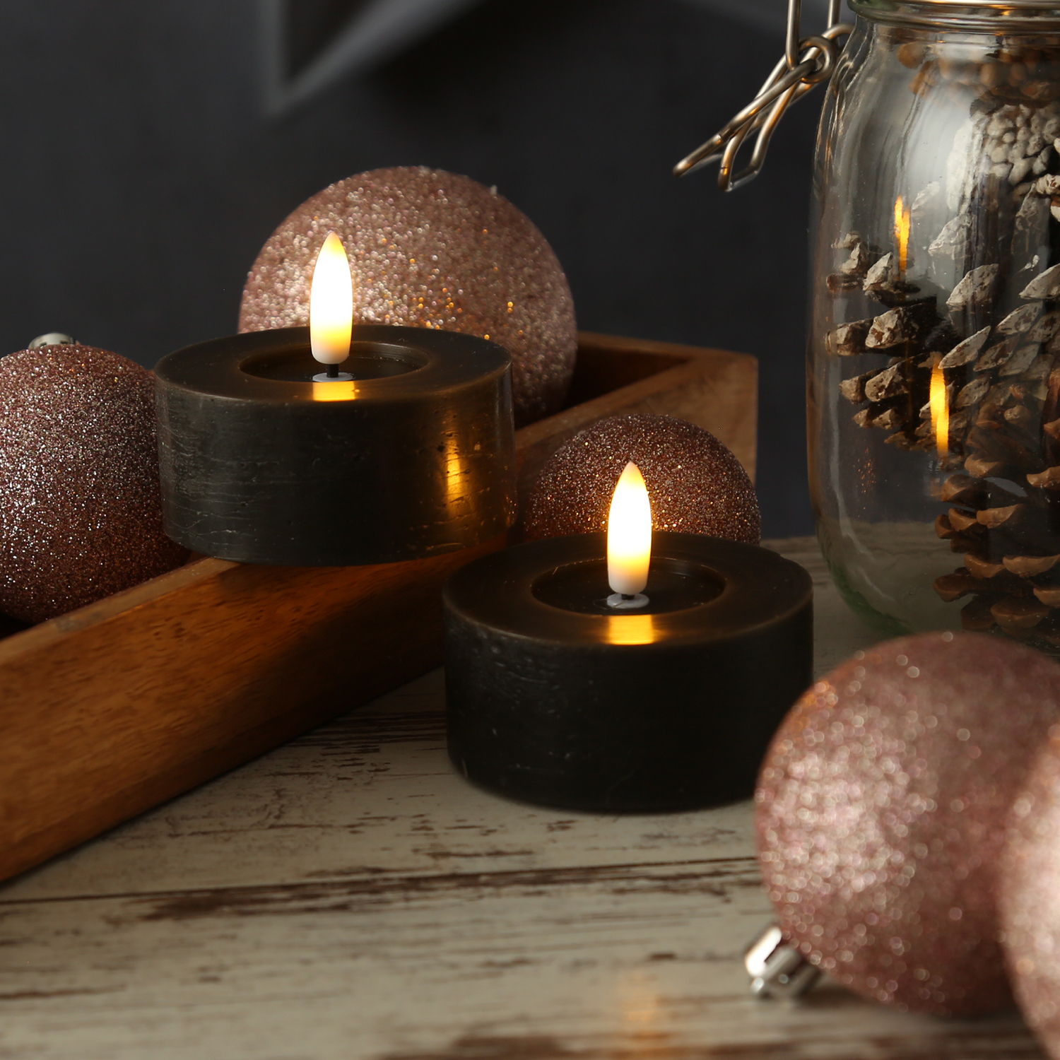 LED Maxi Teelichter LINA - Rustik-Optik - Echtwachs - Timer - D: 7cm - H: 6cm - schwarz - 2 Stück