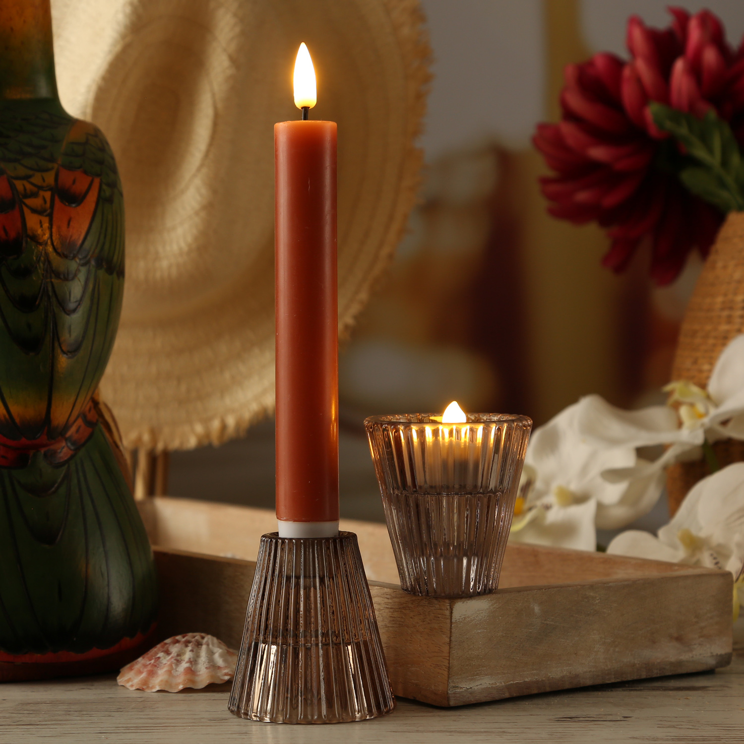 Kerzenhalter - 2in1 - Teelichthalter oder Stabkerzenhalter - Glas - H: 6,5cm - braun, grau - 2er Set Kerzenhalter - 2in1 - Teelichthalter oder Stabkerzenhalter - Glas - H: 6,5cm - braun, grau - 2er Set