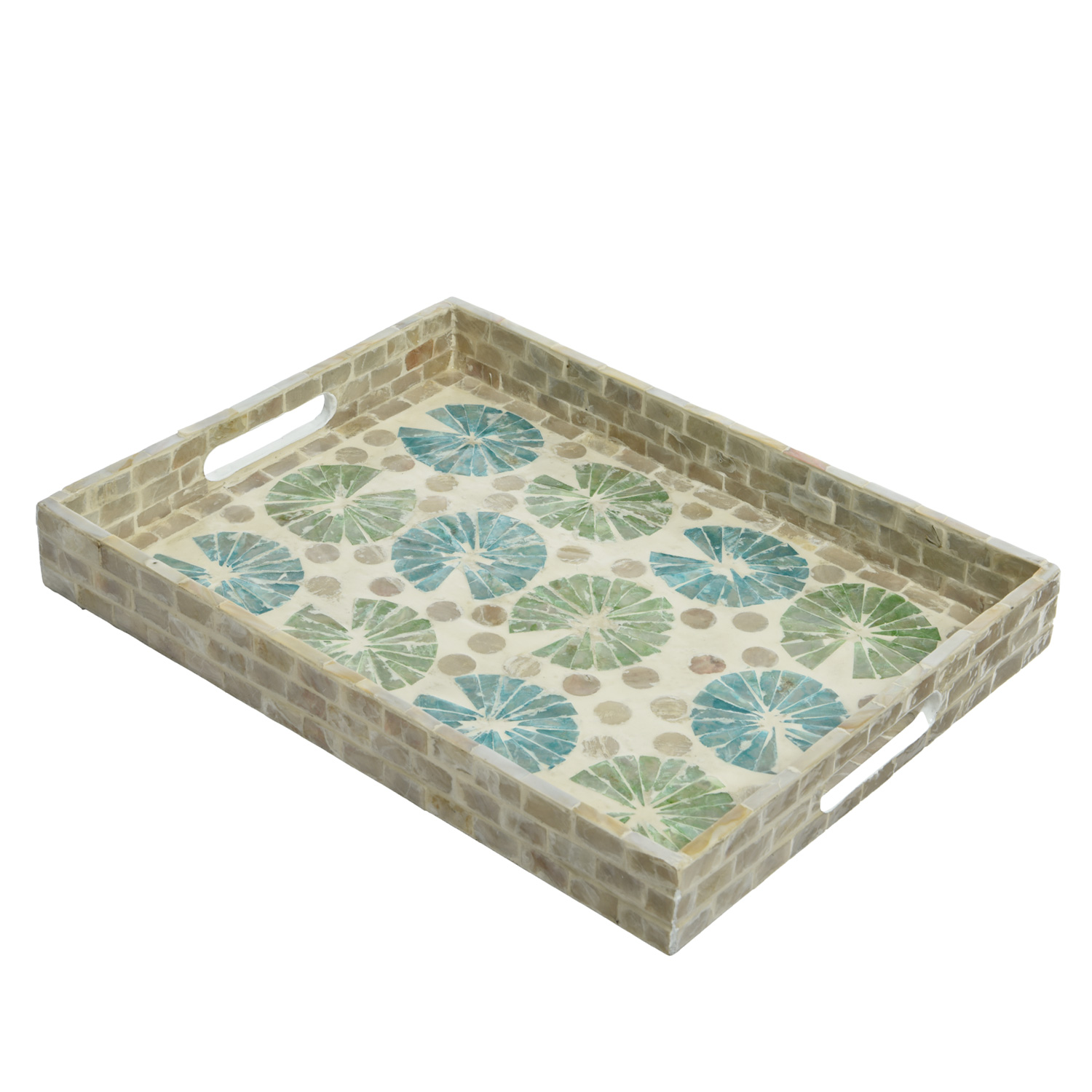 Tablett - Dekotablett - mediterranes Muster - Keramik - L: 38cm - B: 29cm - natur, grün, blau, weiß Tablett - Dekotablett - mediterranes Muster - Keramik - L: 38cm - B: 29cm - natur, grün, blau, weiß