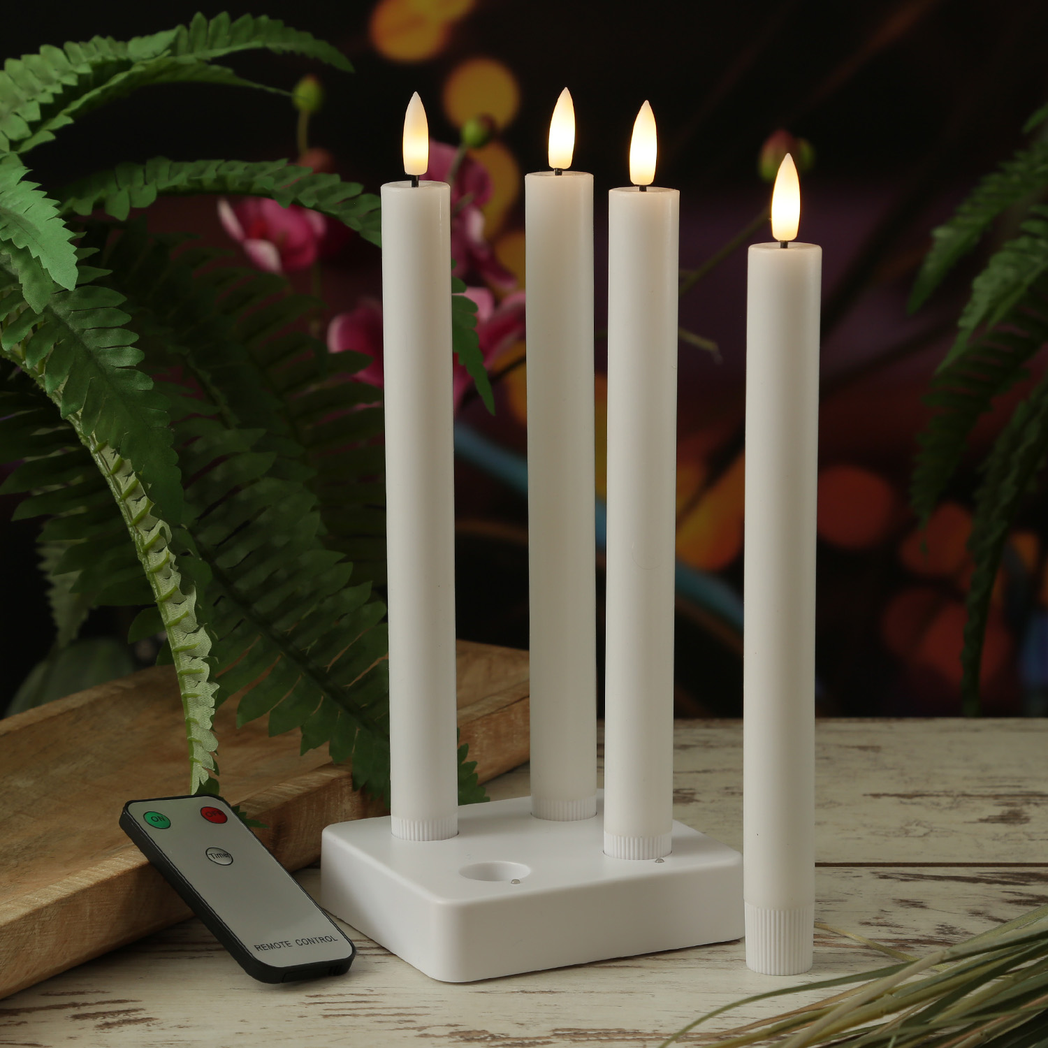 LED Stabkerzen LINA - Rustik-Optik - Echtwachs - 3D Flamme - H: 24cm - Timer - weiß