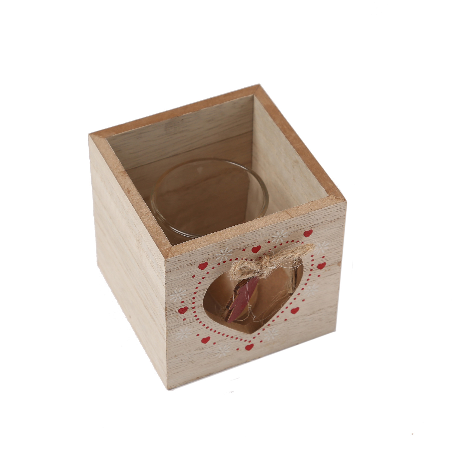 Teelichthalter HANDSCHUH IM HERZ - Windlicht - Holz - mit Glaseinsatz - H: 9cm - natur, rot Teelichthalter HANDSCHUH IM HERZ - Windlicht - Holz - mit Glaseinsatz - H: 9cm - natur, rot