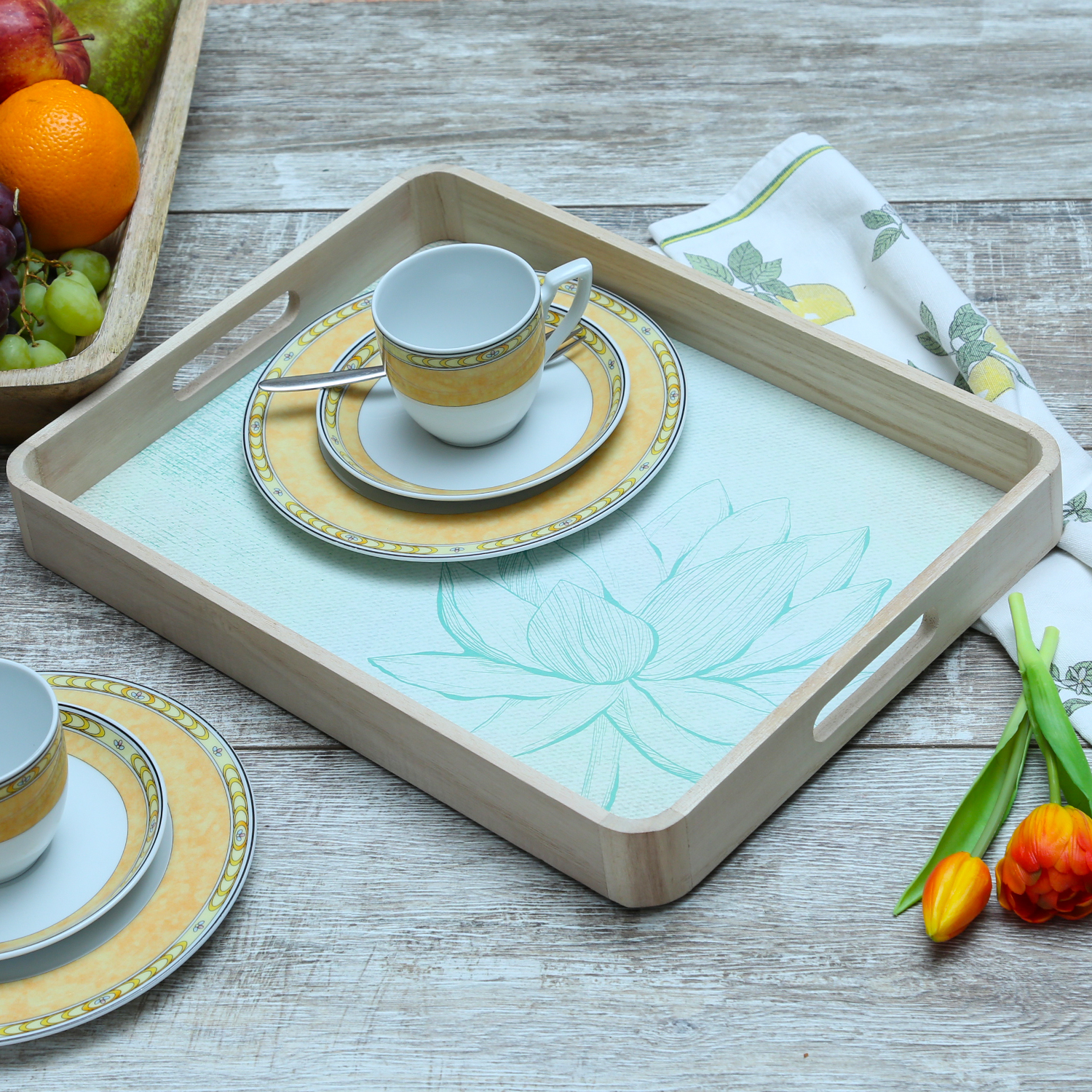 Tablett LOTUS - Dekotablett - Holz - L: 40cm - B: 30cm - weiß, grün Tablett LOTUS - Dekotablett - Holz - L: 40cm - B: 30cm - weiß, grün